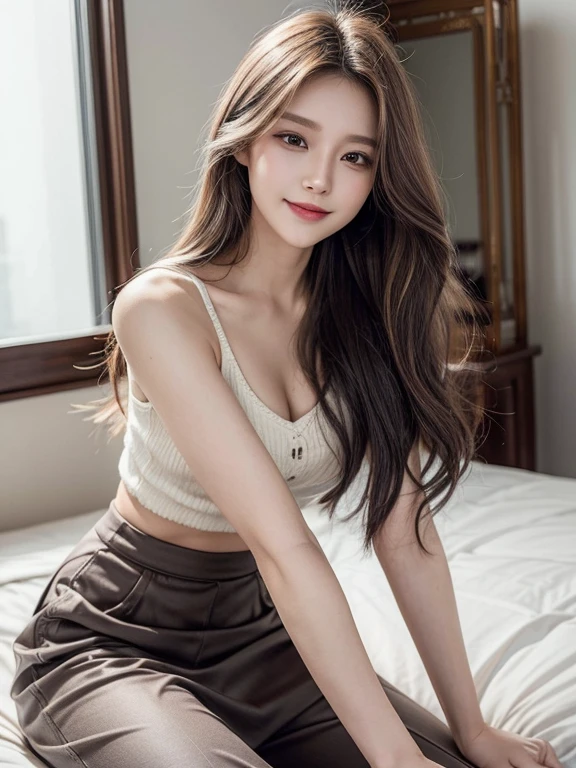 masterpiece, highest quality, High resolution,alone,Multiple hair colors,artistic,Best lighting,casual,Flat Chest,Beautiful Face,expensive,smile,light makeup,Age 25,Calm woman,Detailed Hair,Laughing woman,amount,Wavy Hair,Woman in long skirt,Pants Style,whole body,Lean on