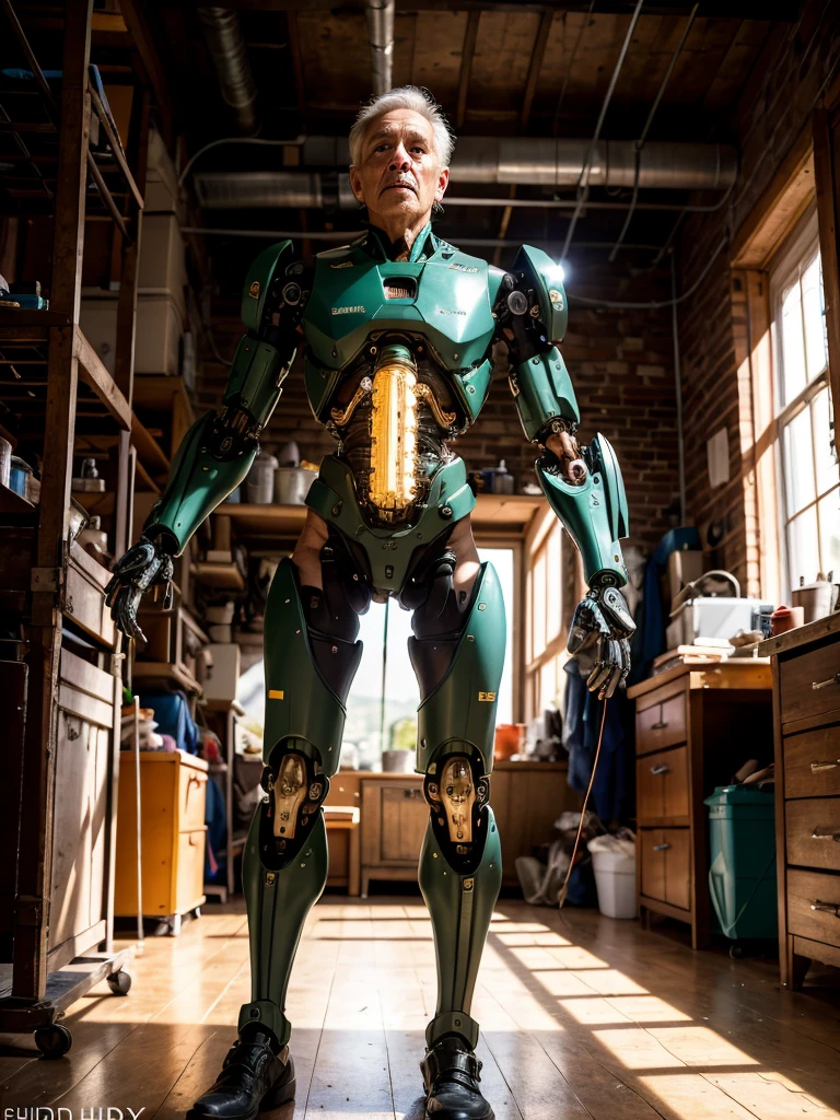 (best quality, masterpiece, highest detailed), (photorealistic:1.2), raw photo, professional photo, old cyborg man, mechanical body, mechanical body parts, (camo body), tubes and wires sticking out everywhere, standing in an old workshop, looking at the viewer, dramatic lighting, dark room, little light, spot light, (vibrant color), (intricate details), exposure blend, bokeh, dim light, (hdr:1.4 ), high contrast, (muted colors, dim colors, soothing tones:1.3), low saturation, morbid