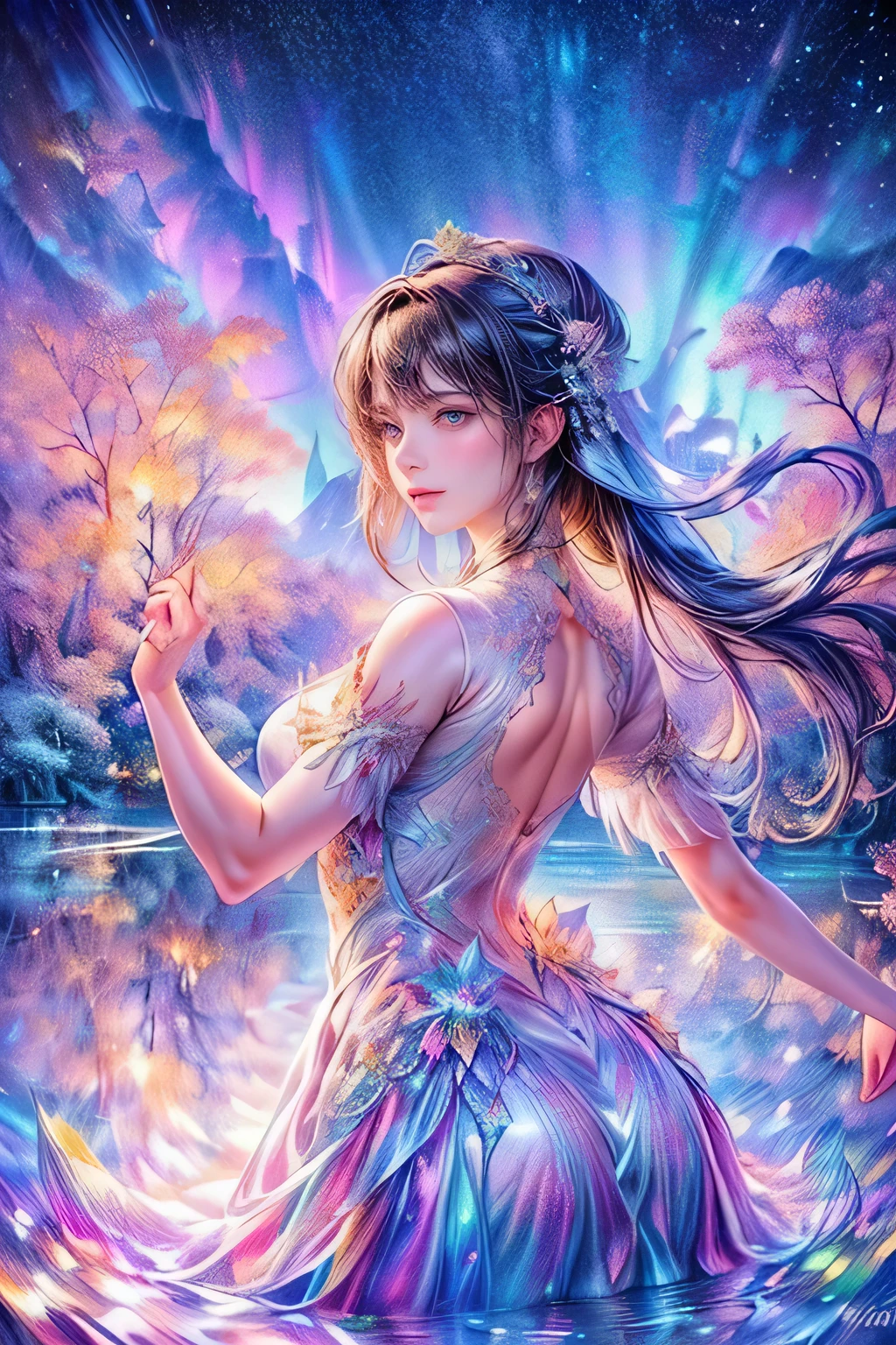 raw photo:1.2, masterpiece, highest quality, 16k, unbelievably absurd, very detailed, perfect beauty, (double exposure vibrant colors silhouette:1.3), (layered vibrant colors silhouette:1.2), (water world photo scenery), diamond dust, starry sky with aurora, flowing sheer dress, flowy long hair, (lake:1.2), (realistic photo scenery), (starlight), (ballerina girl dancing,romantic tutu), 
