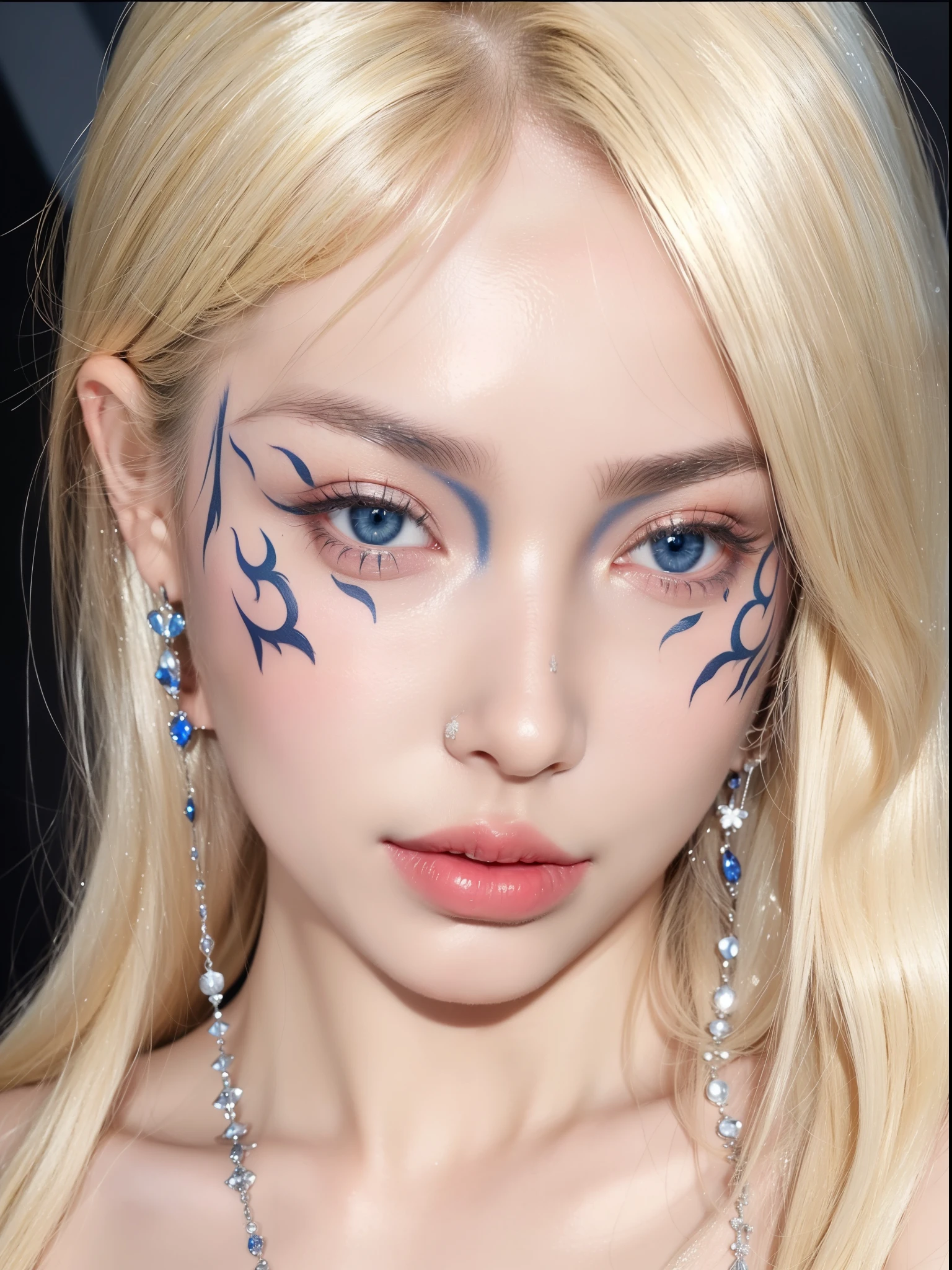 Super detailed, Delicate face, Realistic style, Stock Photography: , rich and colorful, Surrealism, Realistic textures, Dramatic Lighting, Thin Film Distiller 800 (8K, original photo, Better quality, masterpiece: 1.2), Super detailed, (Extremely delicate skin: 1.2), 8K Ultra HD, SLR camera, Soft Light, high quality,Snow Queen,ice castle,Blue pupils,Apply red lipstick,Tattoo goddess,With tattoo pattern,Ultra-clear portrait,apply lipstick,Wearing necklace jewelry,apply lipstick,Wear heavy makeup,The facial texture is very clear,Beautiful tattoos on the body,Deep blue eyes(Sapphire-like pupils),