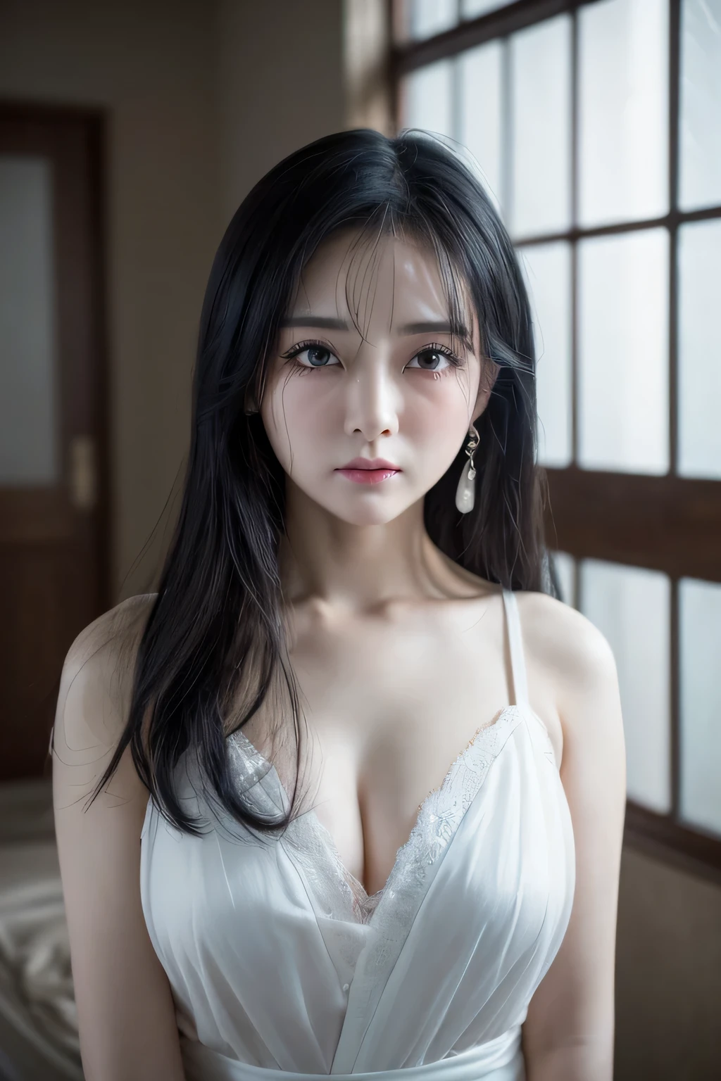 (The ghost of a woman)、(Beautiful Japanese、90years old,round face、Refreshing、clear、、stylish、Narrow eyes、black eyes、,actress,Pale skin、Crystal clear white skin, Good style ), (Beautiful big breasts:1.0),(soft breasts),,(Black hair),(long hair),(enchanting eyes)、(8K、Live shooting、highest quality、masterpiece:1.2、optimal lighting)、((masterpiece)),(Photo taken by a professional photographer),(real、photo real:1.4),break,{ (White hospital gown),Hospital uniform},( Sad face:1.4),(tears:1.4)) break, break,Old abandoned hospital,、 night、Dark hospital room、Gloomy face、Being sick、Full body portrait