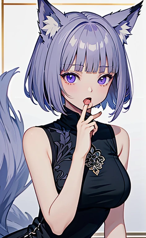 (masterpiece:1.4、top-quality、illustration)、(character focus、,upper body:1.3)、(face:1.3),(1girl),(cunnilingus gesture:1.5),(Beautiful eyes:1.4),cute face,(purple eyes:1.3)、(tareme:1.3)、(fox ears,fox tails),
),(stand:1.4),、(),(),
(blue grey hair),(short hair:1.5)、
,(),(sleeveless turtleneck china dress:1.5),
(blunt bangs),(sidelocks:1.3), (large breasts)、
、slender、