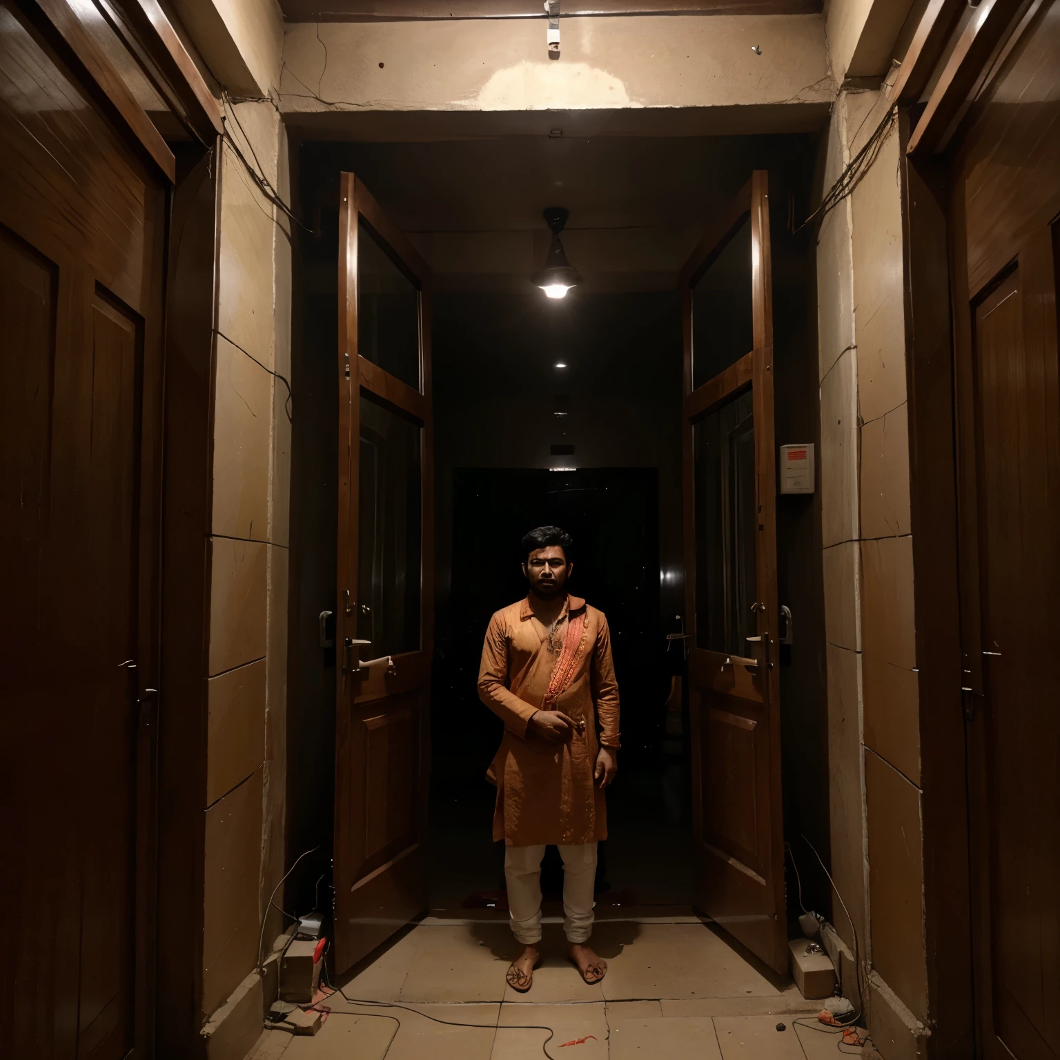 A person standing with trishul and trishul having effects of electricity and strom 