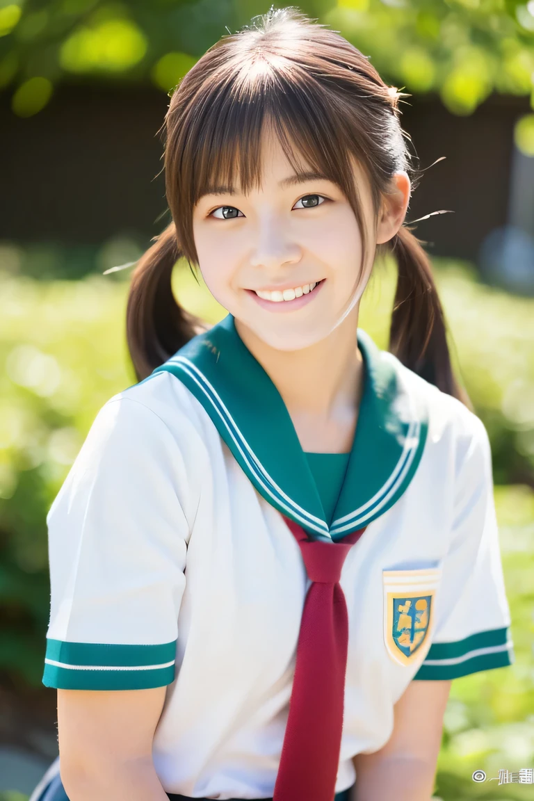 Lens 135mm f1.8, (highest quality),(RAW photo), (arms at sides:1.1), (Beautiful  Japanese girl), cute face, (deeply carved face:0.7), (freckles:0.6), dappled sunlight, , (japanese school uniform), (inside the school), shy, pigtails, the waist up shots , (smile),, (sparkling eyes)、,photo from the waist up,