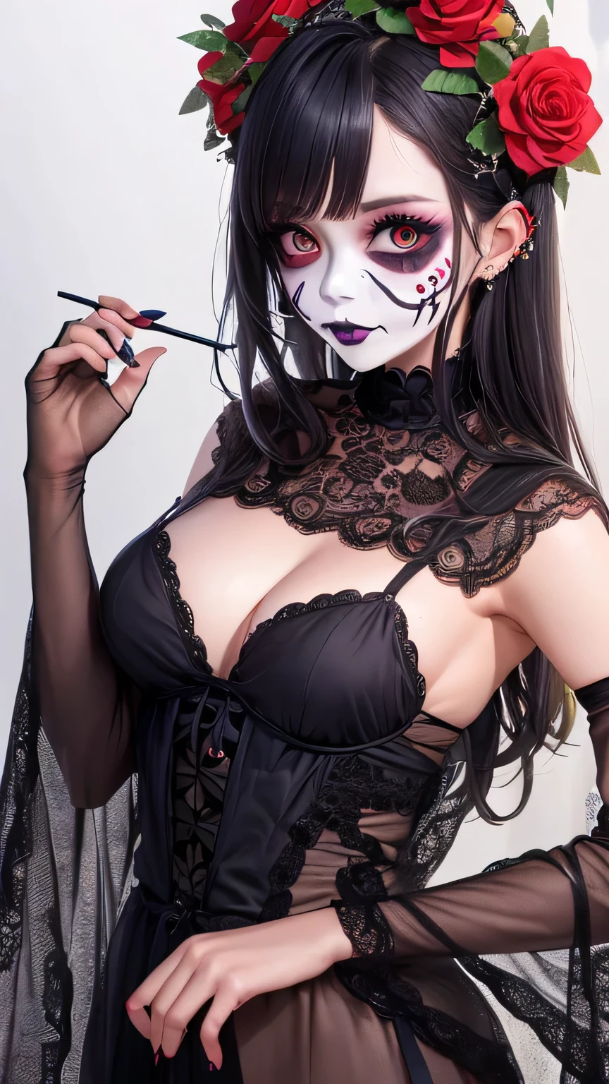 cute girl Halloween cosplay, day of the dead outfit, Halloween face makeup, (detailed skull face makeup:1), wreath of roses on the head, Mexican dress, beautiful death makeup, (vibrant colors:0.9), dark and mysterious lighting, (high contrast:1.1)