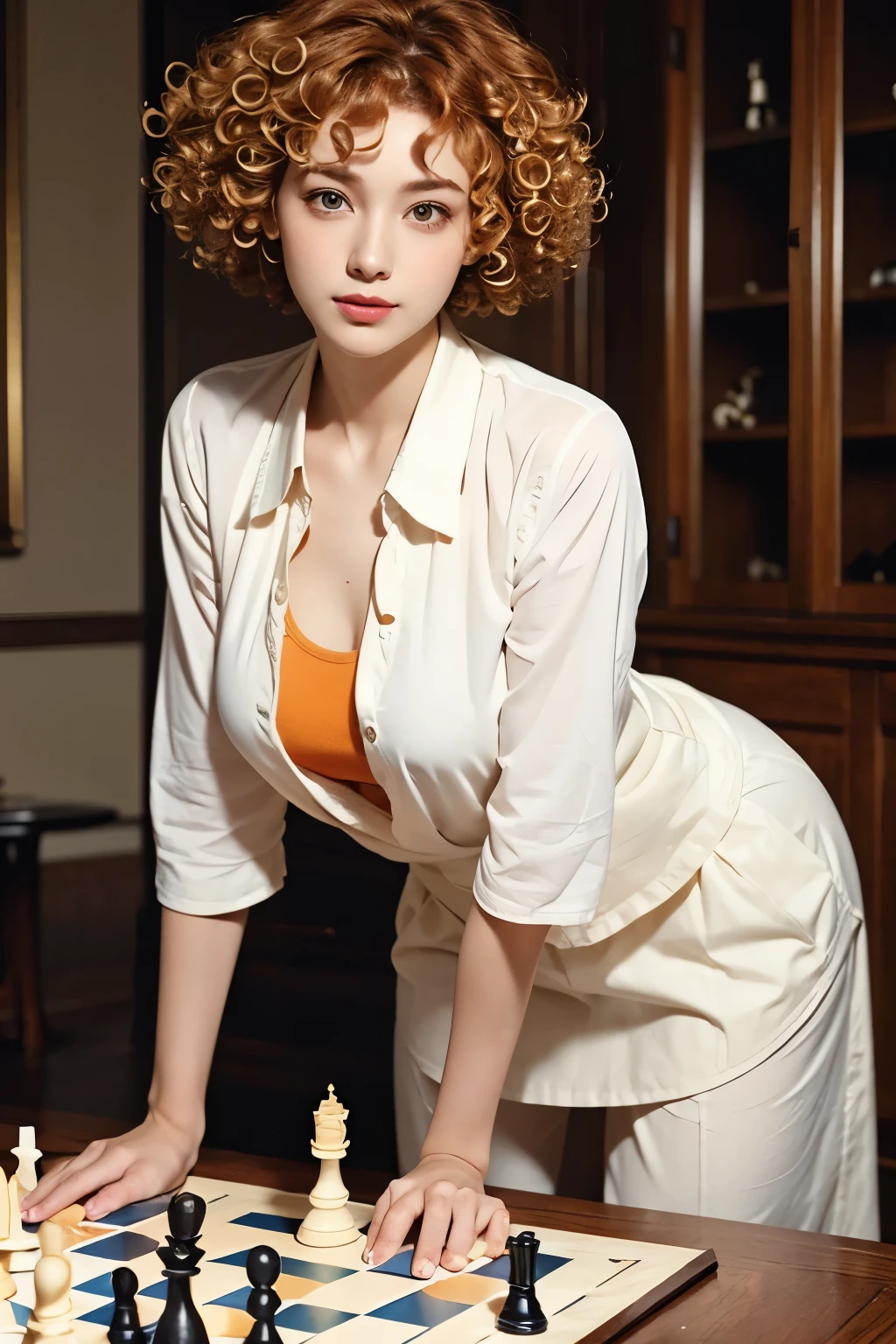 Beautiful woman with short orange hair playing chess, magazine pose, wearing a white shirt and brown vest, (Perm Hair Curly: 1.5),