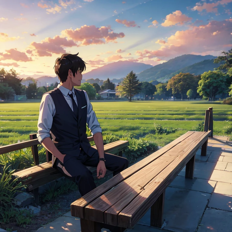 a man wearing a white shirt and black pants sits on a bench in a city park and behind him is a rice field and he is carrying a folder and he is looking at the blue sky while smiling