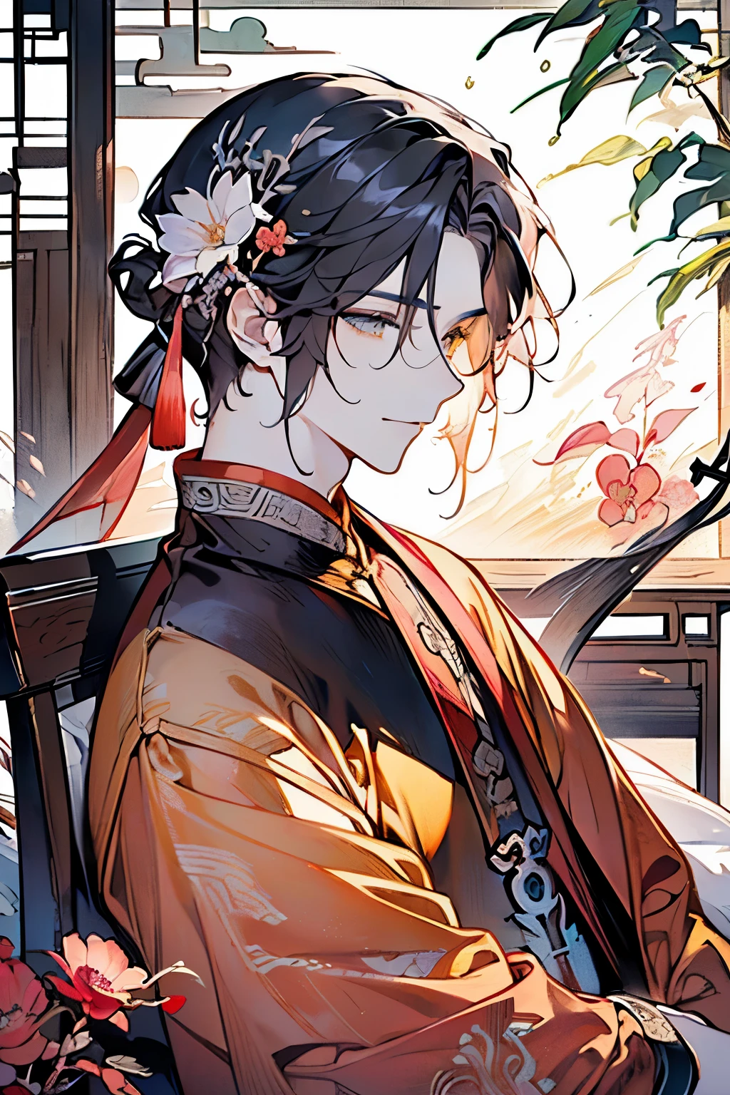 (old male:1.45)、(masterpiece、highest quality、highest quality、Beautiful and beautiful:1.2)、(Good anatomy:1.5)、Painting of a Man with wave hair、Shy smile、Sparkling Eyes、looking down、strawberry pattern background、(Sleep face down on a simple wooden bed:1.2)、(sunny days:1.45)、(black、pink、orange、yellow:1.2)、(Chinese hanfu concept:1.25)、Close-up of face、((Anchor:1.2))