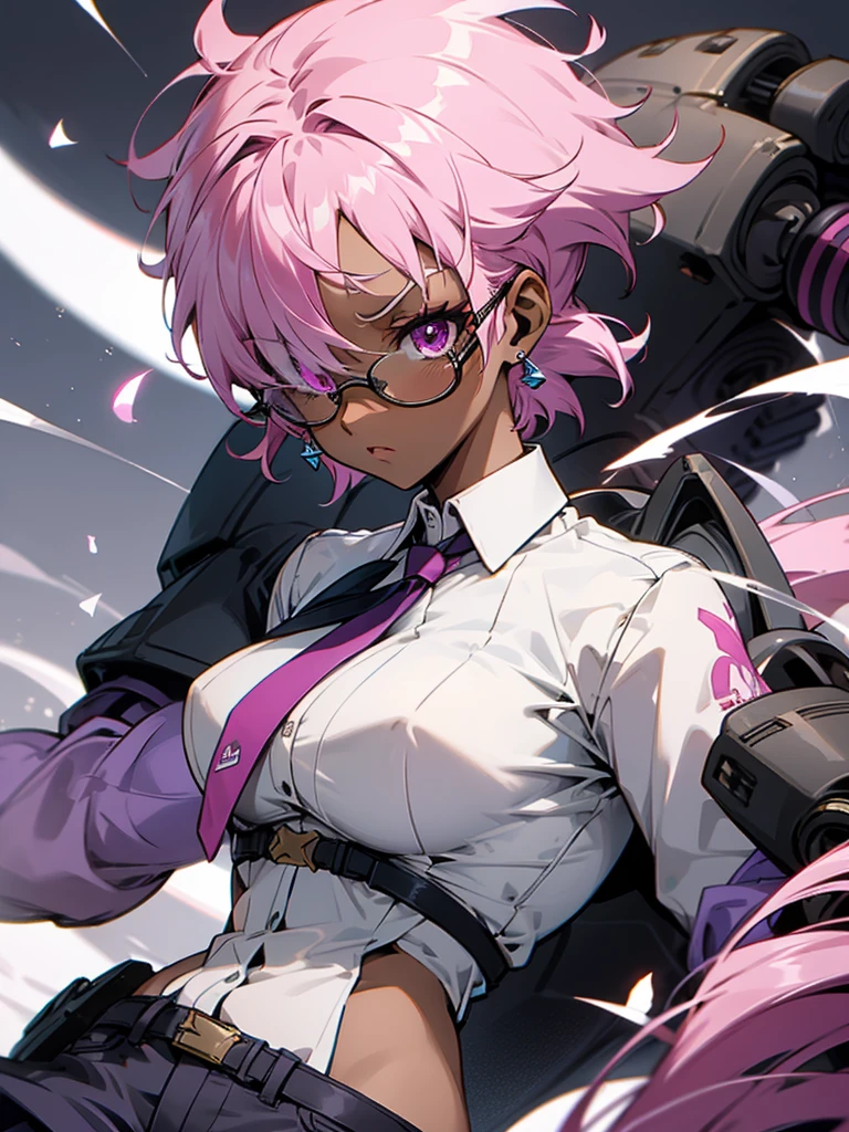 1 woman, adult, ((dark skinned woman, hair over the one eye)), pink hair, messy hair, purple eye, glasses, (white shirt, short pants), black tie, underboob, earrings, dynamic pose, masterpiece,