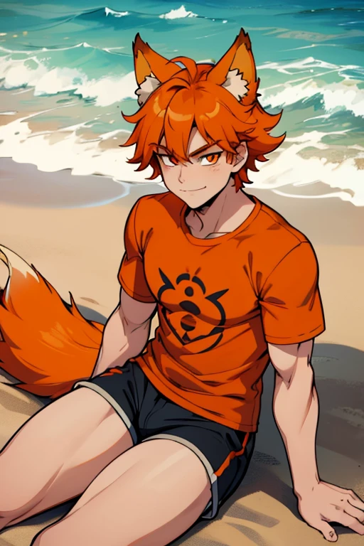A muscular orange haired man with orange eyes and orange fox ears and an orange fox tail in a cool t-shirt and shorts is sitting with a smile on the sand at the beach