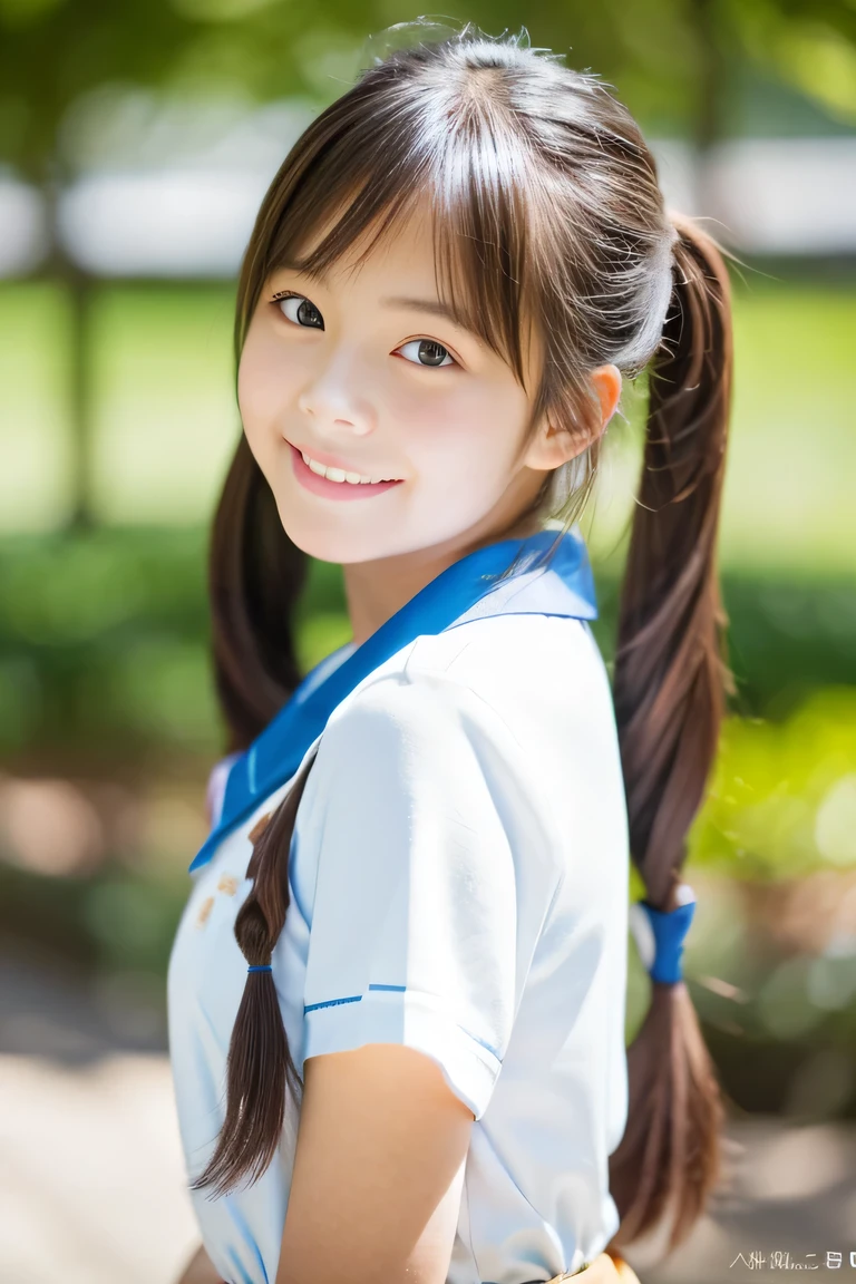 Lens 135mm f1.8, (highest quality),(RAW photo), (arms at sides:1.1), (Beautiful 15 year old Japanese girl), cute face, (deeply carved face:0.7), (freckles:0.6), dappled sunlight, , (japanese school uniform), (inside the school), shy, short pigtails, the waist up shots , (smile),, (sparkling eyes)、,photo from the waist up,