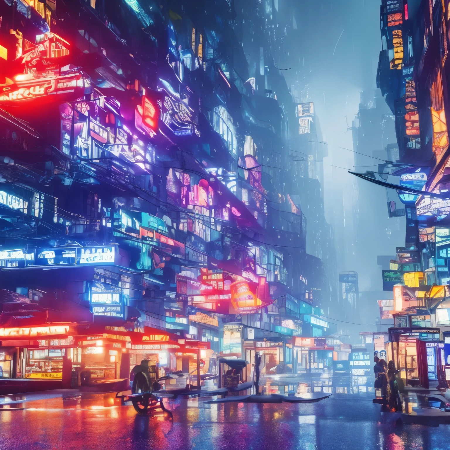 a cyberpunk city in watercolor, low angle, detailed neon lights, futuristic architecture, rain-soaked streets, atmospheric lighting, glowing windows, hovering flying cars, moody colors, cinematic composition, dramatic shadows, intricate details, gritty and realistic, best quality, 8k, ultra-detailed, photorealistic