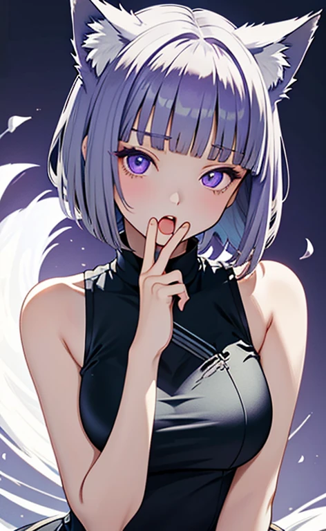 (masterpiece:1.4、top-quality、illustration)、(character focus、,upper body:1.3)、(face:1.3),(1girl),(cunnilingus gesture:1.3),(Beautiful eyes:1.4),cute face,(purple eyes:1.3)、(tareme:1.3)、(fox ears,fox tails),
),(stand:1.4),、(),(),
(blue grey hair),(short hair:1.5)、
,(),（sleeveless turtleneck china dress:1.5),
(blunt bangs),(sidelocks:1.3), (large breasts)、
、slender、