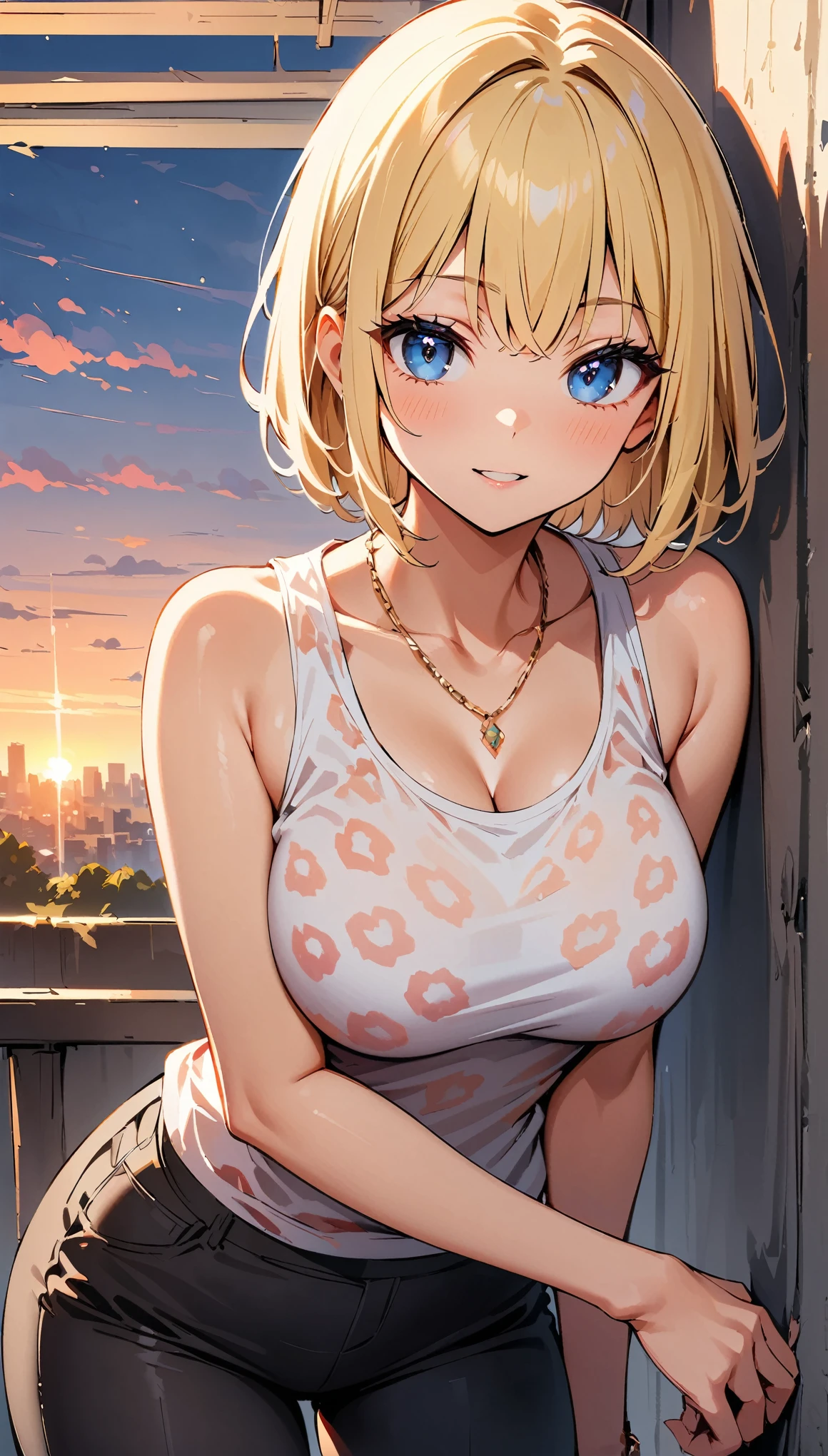 (highest quality, 4K, 8K High Resolution, masterpiece:1.2), Very detailed, one person, woman, (Blonde, Medium Hair, Bobcut, blue eyes), Standing pose, Sexy vibe, Attractive breasts, Magic Hour, ([Leopard print]Tank top, necklace, Black pants style), Emphasis on individuality and uniqueness, Fine and beautiful eyes, Beautiful lip detail, Long eyelashes, Bright colors, Photo Spot, In front of a white wall, Cowboy Shot, Soft and warm color palette.
