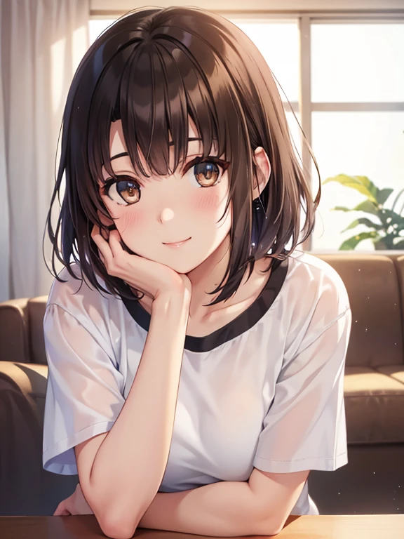 (masterpiece:1.2), highest quality, High resolution, unity 8k wallpaper, (figure), Highly detailed face, Perfect lighting, Highly detailed CG, 

One girl, alone, (美しいFine grain:1.2), 
katou megumi、Shiny brown hair, short hair, Beautiful brown eyes、smile、Sparkling eyes, (Fine grain)、Ultra-detailed eyes、Highly detailed face, Highly detailed eyes,
、Upper Body, Realistic,  (Pale skin: 1.2), (Plain T-shirt) and (Extra large size) 、(Embarrassing:1.2), smile, The background is the living room、alone、