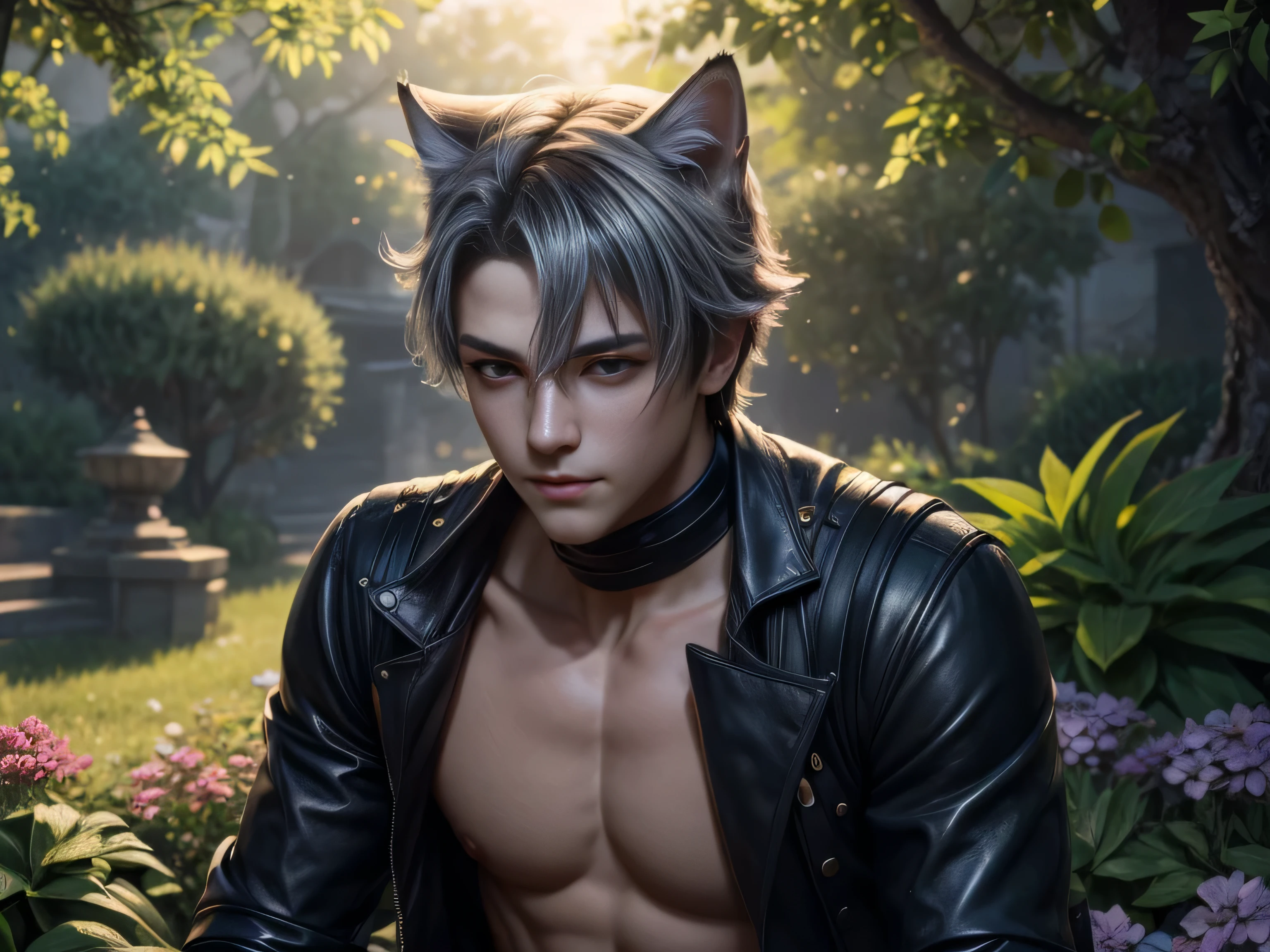 (Best Quality, 8K, Masterpiece, HDR, Soft Lighting, Picture Perfect, Realistic, Vivid), There is a garden with blue and pink flowers, there is a handsome man with cat ears lying on the grass, he has beautiful gray eyes and a kind smile, dark hair, he has a naked torso with a perfect body and black leather pants with military boots, he is stroking little cute foxes lying on the chest, (ultra high quality fantasy art, majestic fantasy style, masterpiece, ultra high quality male character design, 8k quality anime art, realistic anime art, highest quality wallpaper illustration, detailed ultra high quality accurate male face, high quality design and accurate physics , male character)(ultra high quality fantasy art, dark fantasy style, masterpiece, ultra high quality character design, 8k quality anime art , Realistic Anime Art, Highest Quality Wallpaper Illustration, Detailed Ultra High Quality Accurate Face, High Quality Design and Accurate Physics), Color Difference, Depth of Field, Dramatic Shadows, Ray Tracing, Best Quality, Highly Detailed CG, 8K Wallpapers, [Carefully Rendered hair [Read more about beautiful and shiny hair]] ,(Perfect hand detail [Beautiful fingers without breakage [Beautiful nails]],(Perfect anatomy (Perfect proportions)) [[Resembles the whole body]],[Perfect color combination (Accurate simulation of interaction light and material)], [Visual art that conveys the meaning of history]