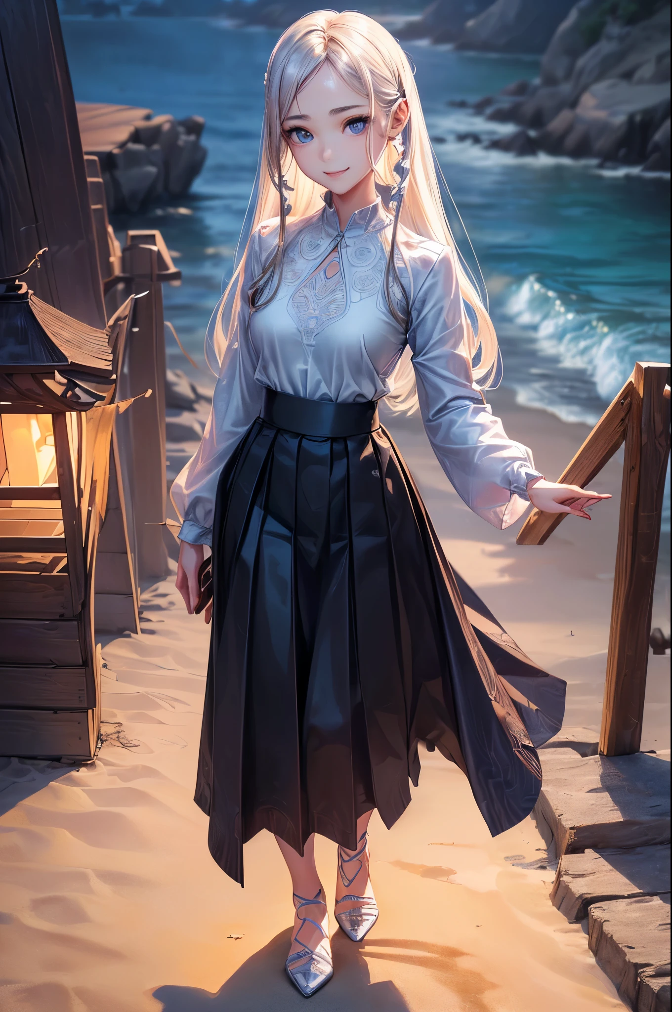 ((Biologically correct limb count))、(( Illustrations including faces))、4K、Masterpiece、((Focus on the face))、((Symmetrical, well-proportioned facial features))、Eyes with delicate depictions、Beautiful woman、Outstanding style、Slender Body、(General's clothes、High heels、((skirt)))、(Smile and look up)、((Upper body close-up))、(((walking along the beach at night)))