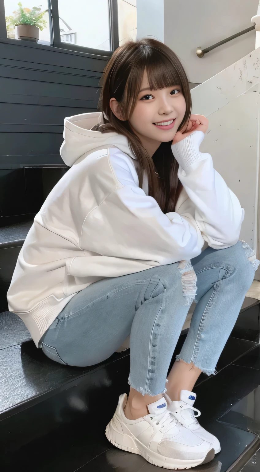 highest quality, Realistic, Very detailed, Finer details, High resolution, 8k wallpaper, One beautiful woman,Sit on the stairs、（Wear black socks）smile、（Beautiful teeth alignment、）（Gums are visible） Oversized hoodie, Skinny jeans,（ Black sneakers）、Black Hair、 Beautiful Bangs、ear piercing、Perfect dynamic composition, Beautiful and detailed, Full Body Shot, A big smile brown hair