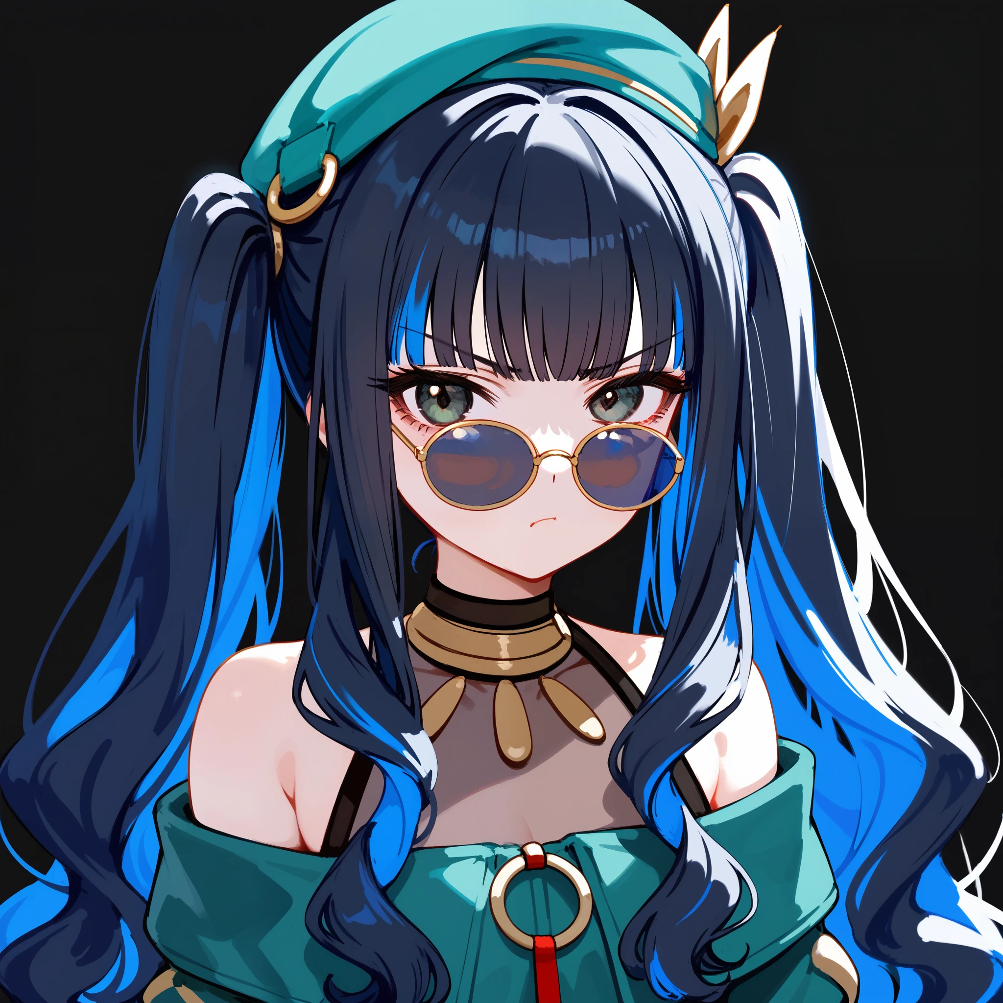 1girl, long hair, (twintails), portrait, multicolored hair, black hair, sidelocks, blue hair, wavy hair, eyeliner, jewelry, beret, o-ring, neck ring, buttons, round sunglasses, bracelet, bare shoulders, green jacket,  off shoulder, zipper, annoyed, tsundere, black background, simple background, masterpiece, score_9, score_8_up, score_7_up