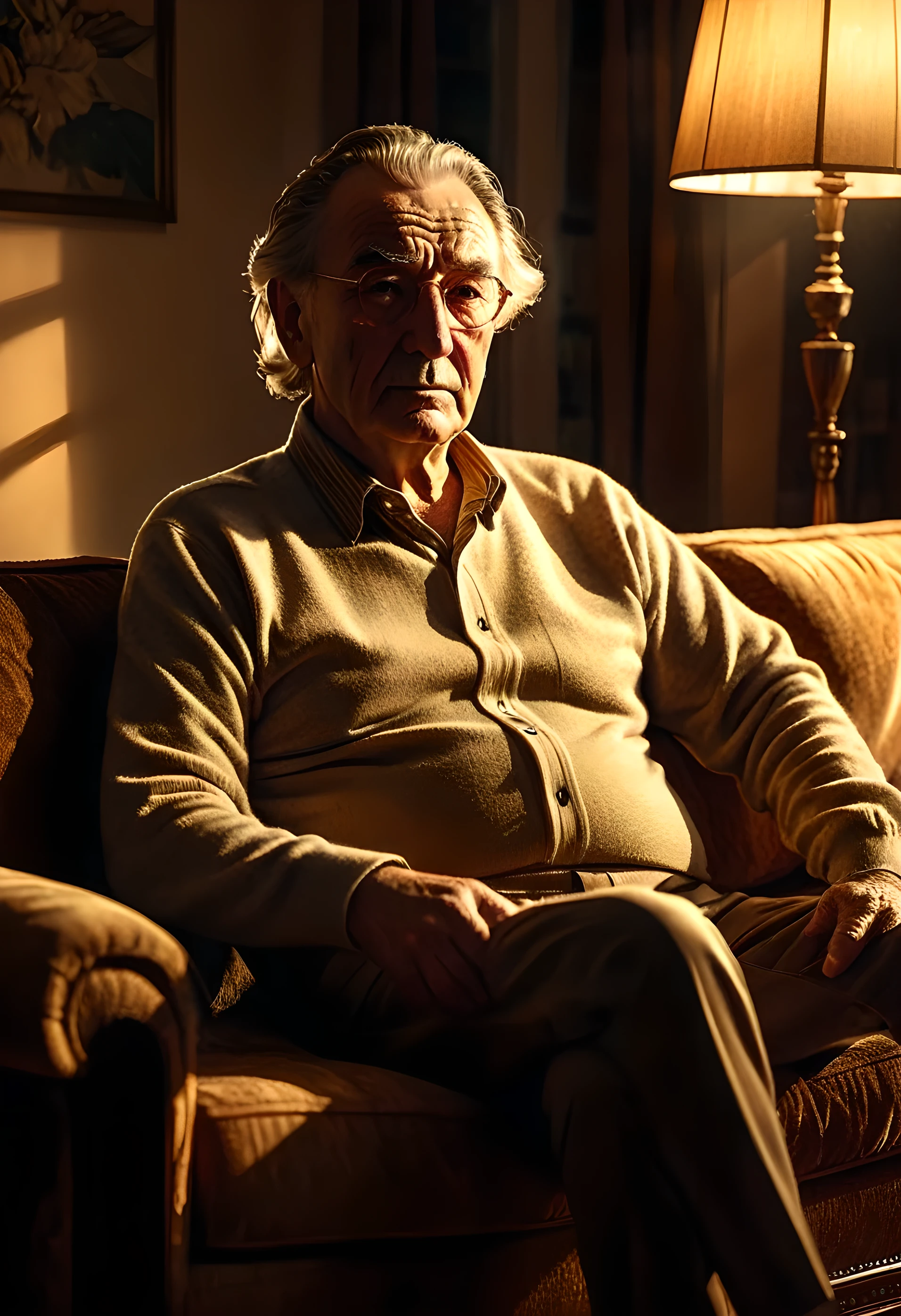 a senior man resting on a living room sofa, legs crossed, warm lighting from a floor lamp illuminating his hair and face, cinematic lighting, 8k, high quality, photorealistic, detailed facial features, detailed wrinkles on face, detailed hands, detailed clothing, detailed sofa, warm color tones, dramatic lighting, chiaroscuro lighting, oil painting style