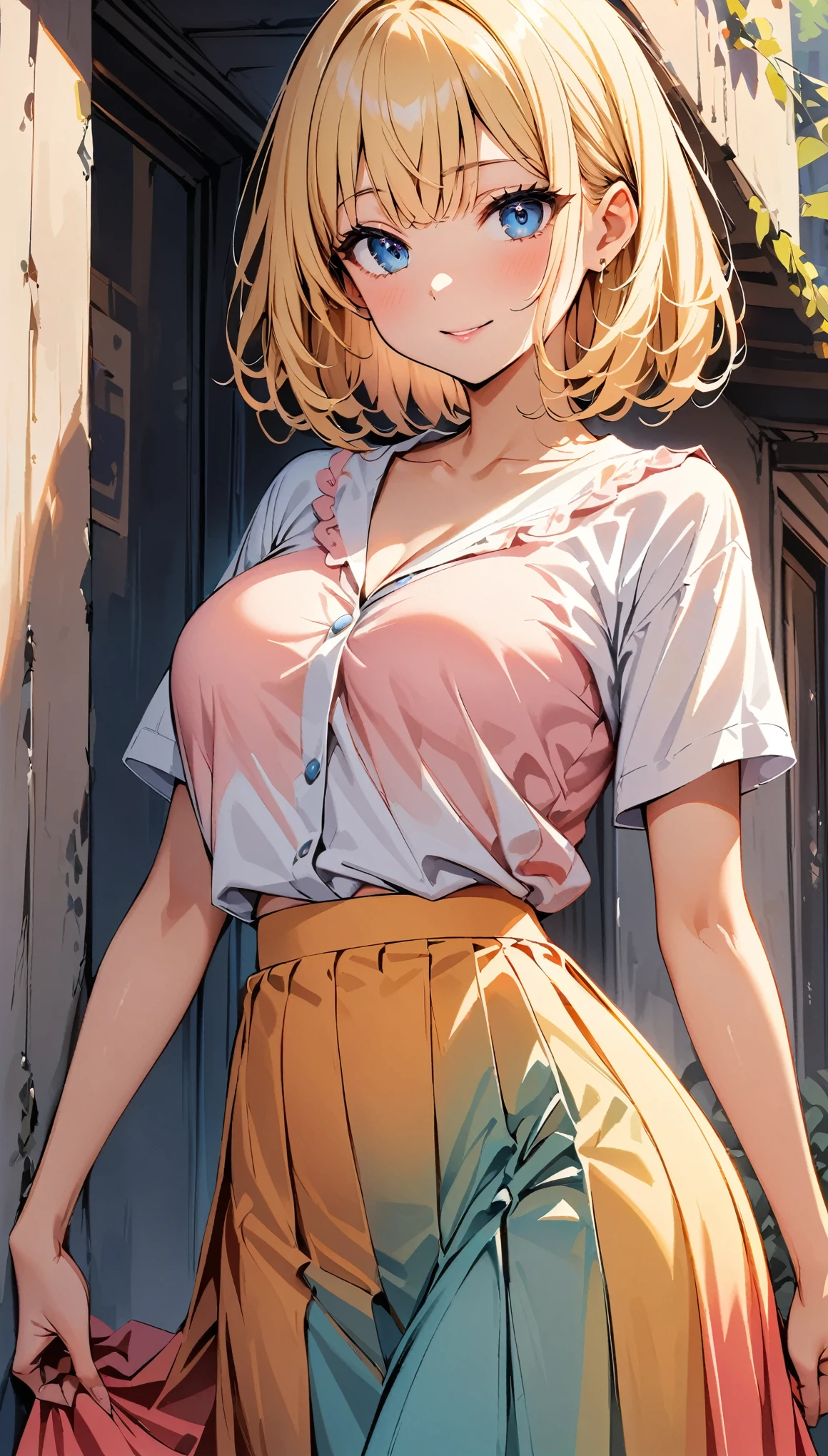 (highest quality, 4K, 8K High Resolution, masterpiece:1.2), Very detailed, one person, woman, (Blonde, Medium Hair, Bobcut, blue eyes), Standing pose, Sexy vibe, Attractive breasts, Magic Hour, ([pastel colour]blouse, Long skirt), Emphasis on individuality and uniqueness, Fine and beautiful eyes, Beautiful lip detail, Long eyelashes, Bright colors, Photo Spot, In front of a white wall, Cowboy Shot, Soft and warm color palette.