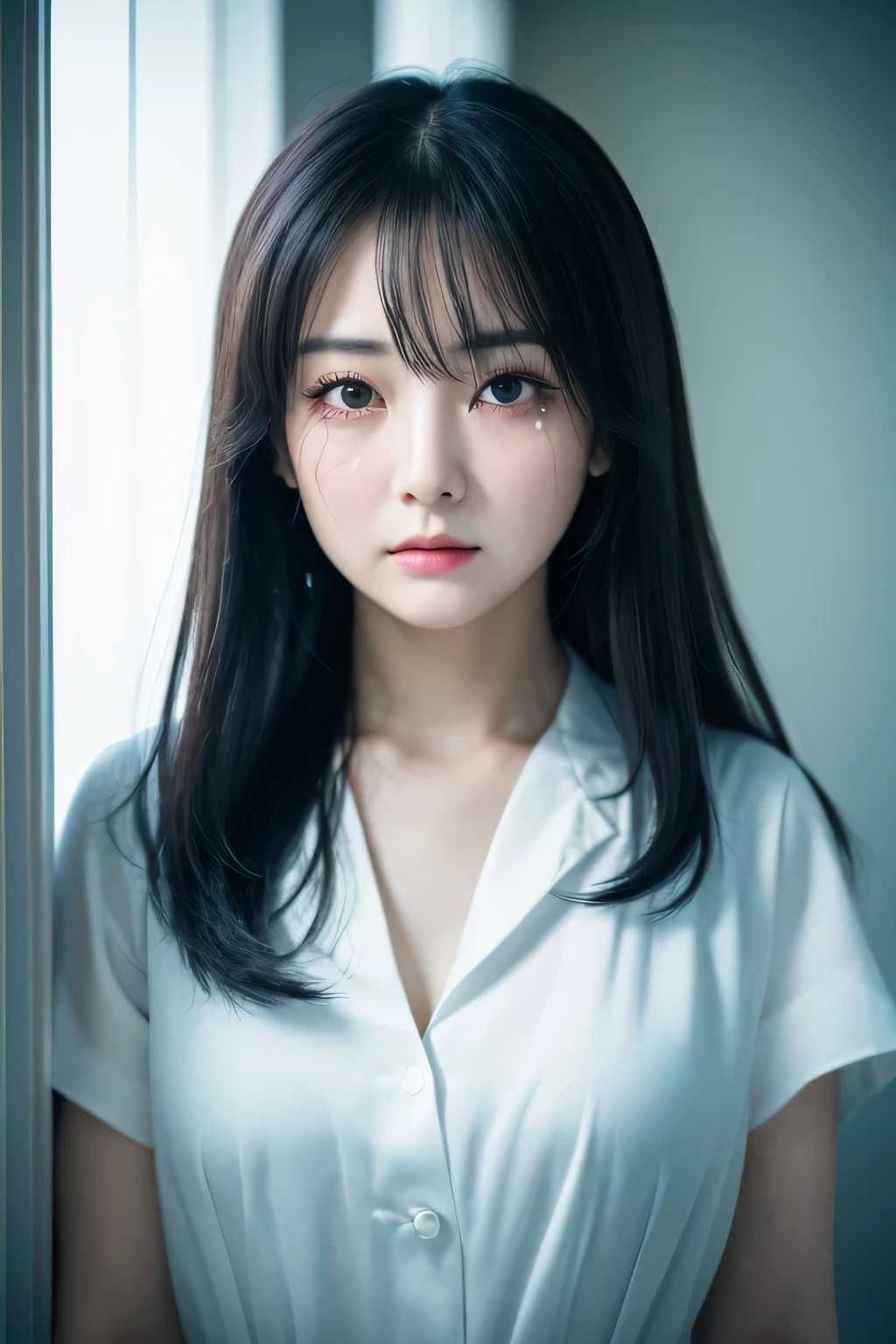 (The ghost of a woman)、(Beautiful Japanese、90years old,round face、Refreshing、clear、、stylish、Narrow eyes、black eyes、,actress,Pale skin、Crystal clear white skin, Good style ), (Beautiful big breasts:1.0),(soft breasts),,(Black hair),(long hair),(enchanting eyes)、(8K、Live shooting、highest quality、masterpiece:1.2、optimal lighting)、((masterpiece)),(Photo taken by a professional photographer),(real、photo real:1.4),break,{ (White hospital gown),Hospital uniform},( Sad face:1.4),(tears:1.4)) break, break,Old abandoned hospital,、 night、Dark hospital room、Gloomy face、Being sick、Full body portrait、Very dark room、Standing at the back of the room