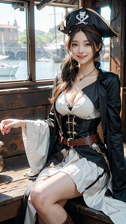 masterpiece, highest quality, Realistic, Very detailed, Finer details, High resolution, 8k wallpaper, One beautiful woman, female pirate cosplay costume,The pirate ship Black Pearl during the day, Light brown ponytail hair, Perfect dynamic composition,(Throw a kiss), Beautiful and beautiful eyes,,Smile and laugh,Full Body Shot:1.3,Ample breasts,Smile and laugh,Smile and laugh,