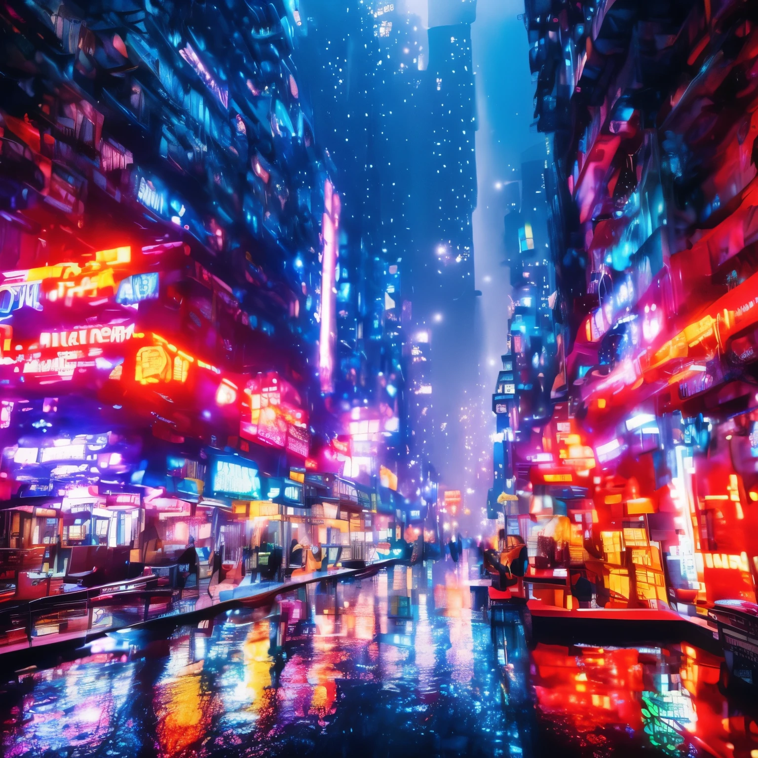 a cyberpunk city in watercolor, low angle, detailed neon lights, futuristic architecture, rain-soaked streets, atmospheric lighting, glowing windows, hovering flying cars, moody colors, cinematic composition, dramatic shadows, intricate details, gritty and realistic, best quality, 8k, ultra-detailed, photorealistic