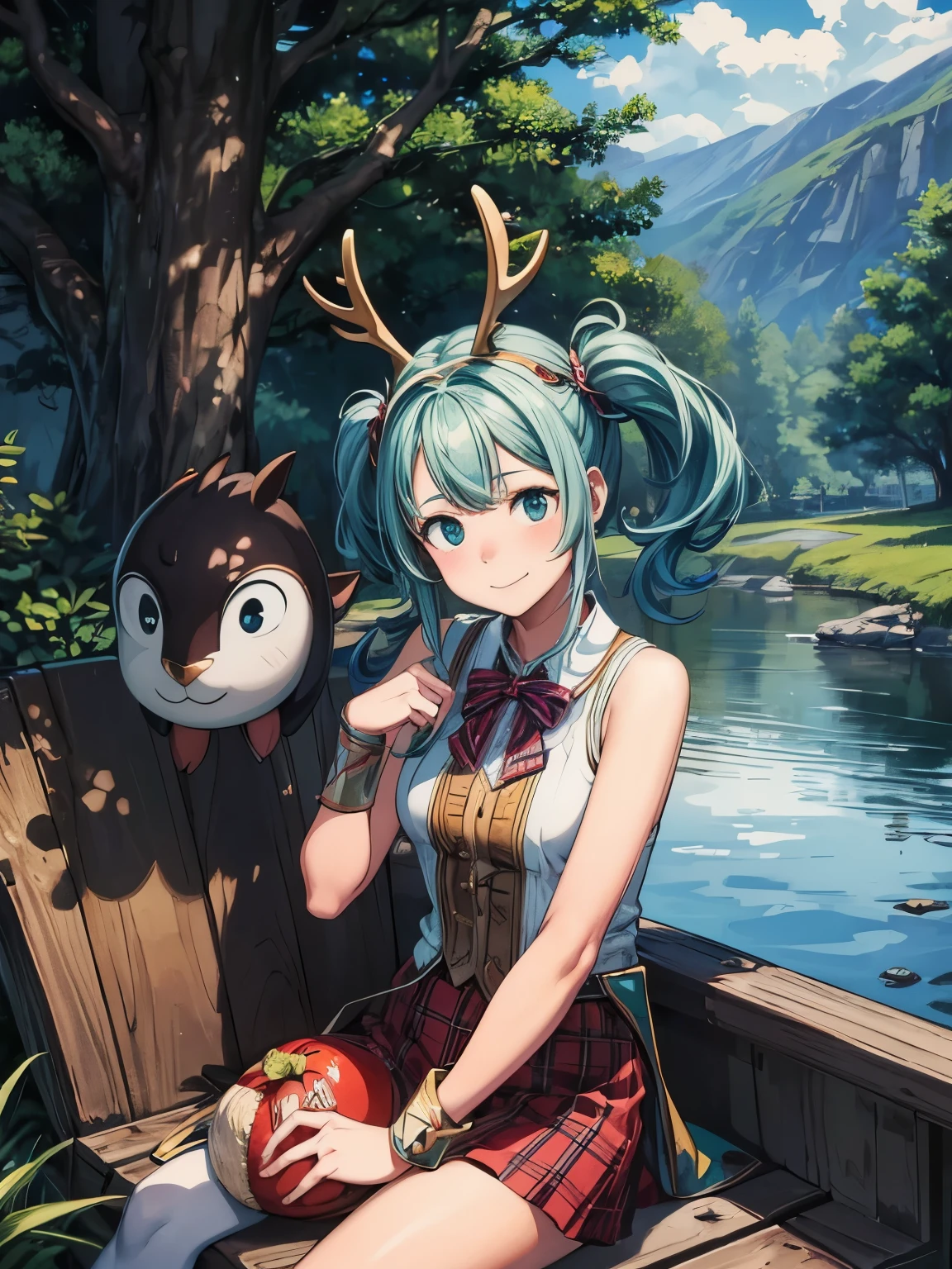 (masterpiece、highest quality、highest quality、Official Art、Beautiful and beautiful:1.2)、(One girl:1.3)Hatsune Miku、Twin tails,Big Breasts,Drawing of a cartoon character holding a bow and arrow, Anthropomorphic woman deer, Female anthropomorphic deer, anthropomorphic deer, an anthropomorphic deer, Female forest archer, lady forest hunter, In a horned helmet, anthropomorphic creature, Anthropomorphic woman, Haggis-based characters, he has horns on his head