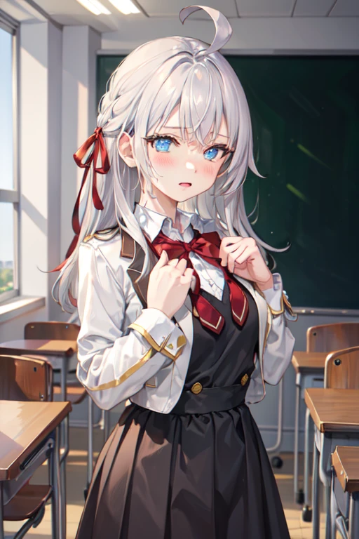 masterpiece, highres, highest quallity, illustration, cinematic light, ultra detailed, detailed face, detailed eyes, best quality, hyper detailed, masterpiece, detailed face,beautiful face,perfect body,1girl, long hair, blue eyes, shirt, bow, ribbon, ,white jacket, hair ribbon,ahoge, white hair, solo focus, bowtie, pov, red bow, red ribbon, red bowtie,cowboy shot,seductive posture,classroom,standing,skirt lift by hands,blush,hang head in shame,close mouth