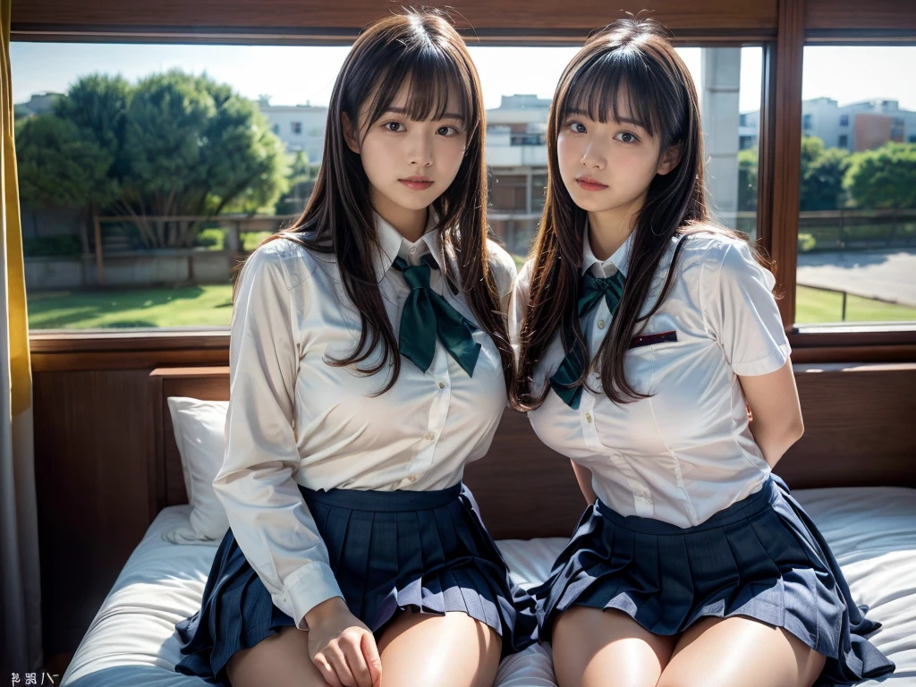 (RAW photo, 4k, masterpiece, high resolution, extremely complex) (realistic: 1.4), cinematic lighting
((2 girls, 2 schoolgirls)),Slam Dunk's,blushing,((innocent)),bright eyes,round eyes,blunt bangs,(straight hair:1.3),black hair,large breasts,wide hips,Summer Noon, ,Hot, (Best Quality), (Highres), (an Extremely Delicate and Beautiful),(Beautiful 8k face),(Brown eyes),short bob hair,( spectators),(gigantic breasts),(Play with each other,Touching each other's bodies,Touching the body),(Japanese high school uniform:1.3),blue skirt,(reality),bright lighting,(The background is a luxury hotel room)