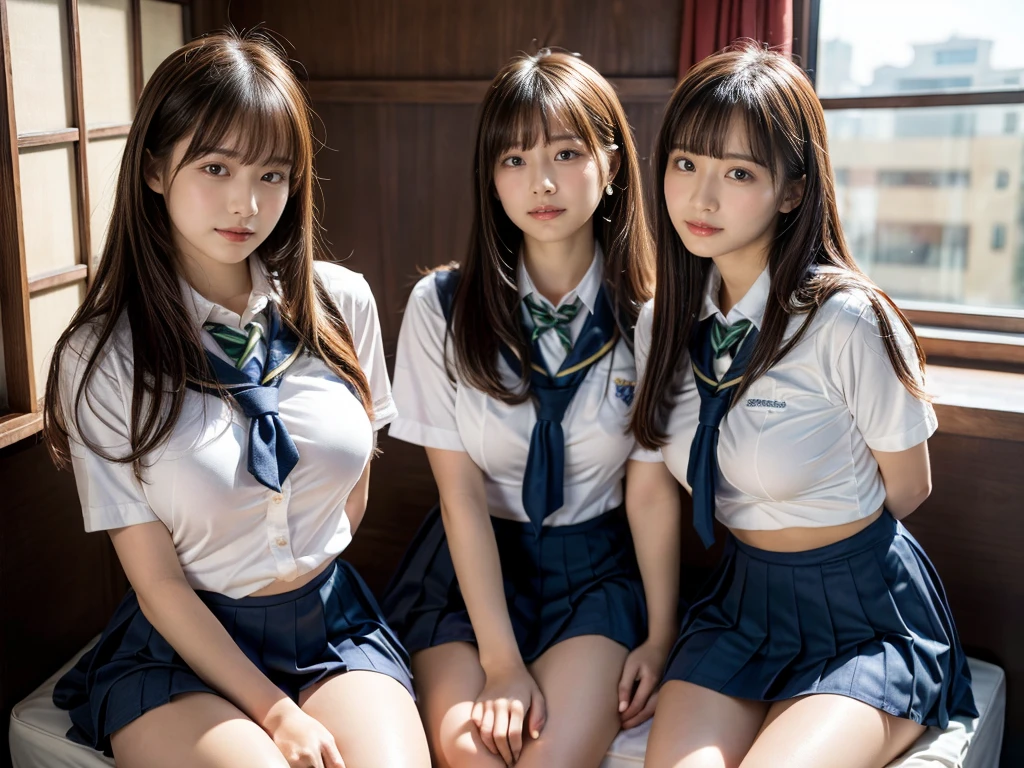 (RAW photo, 4k, masterpiece, high resolution, extremely complex) (realistic: 1.4), cinematic lighting
((2 girls, 2 schoolgirls)),Slam Dunk's,blushing,((innocent)),bright eyes,round eyes,blunt bangs,(straight hair:1.3),black hair,large breasts,wide hips,Summer Noon, ,Hot, (Best Quality), (Highres), (an Extremely Delicate and Beautiful),(Beautiful 8k face),(Brown eyes),short bob hair,( spectators),(gigantic breasts),(Play with each other,Touching each other's bodies,Touching the body),(Japanese high school uniform:1.3),blue skirt,(reality),bright lighting,(The background is a luxury hotel room)