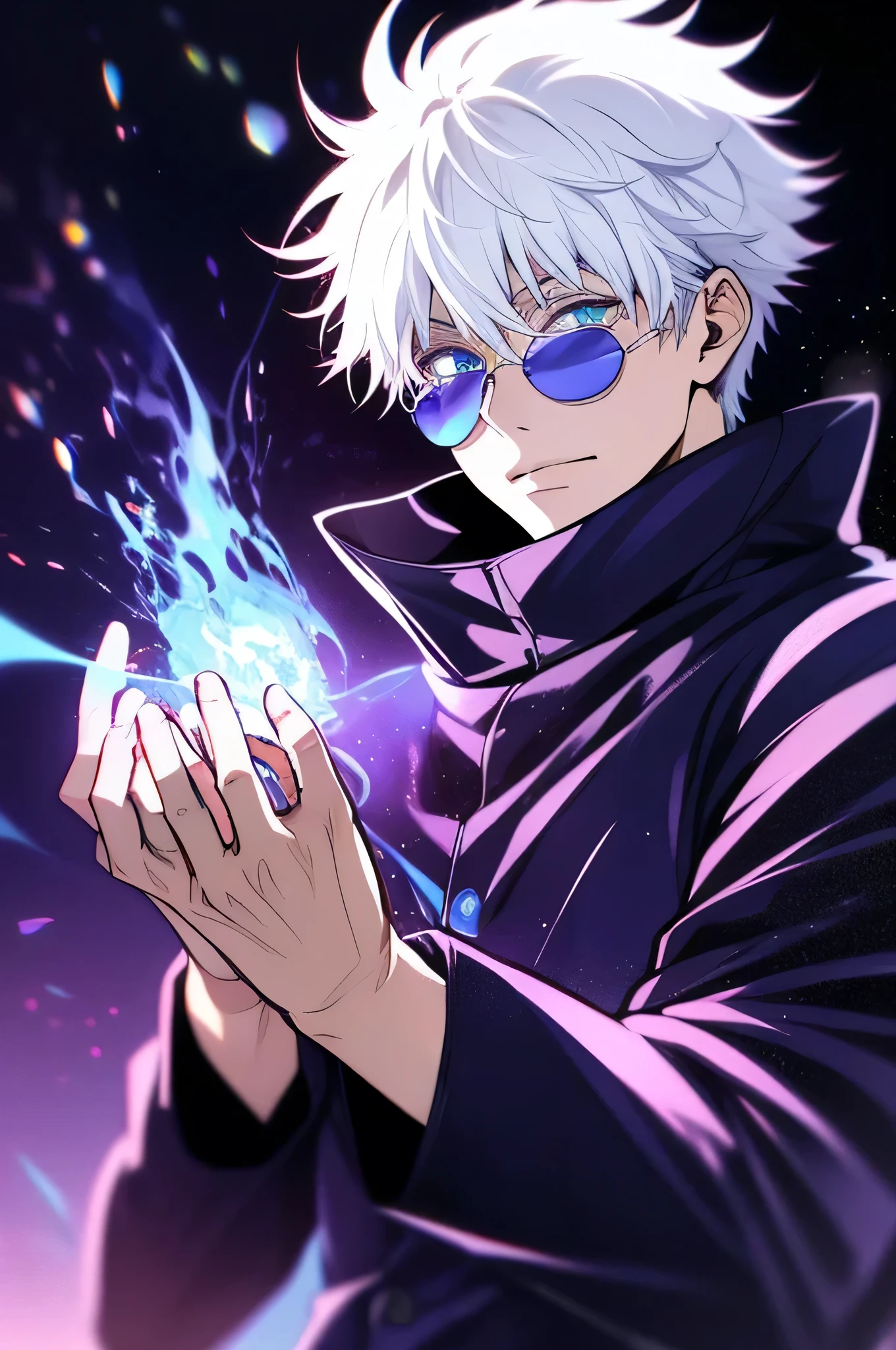 ((High detail、Cinematic lighting))、Messy white hair、Aquamarine eyes、White lashes、god rays、Ray tracing、drop shadow、optical illusion、Haut du corps、Looking at the camera、Masterpiece、((Super Detail、Best Quality、8K))、Jujutsu Kaisen、Gojo Gojo、Black attire、Surgical unfolding、Perfect jet black background、serene look、powerful being、Mystical atmosphere、(Strange moonlight、ominous shadows、 Intense blue aura、 Intense red aura、Symbol of the power that surrounds him、Radiating magical energy、Mystical artifacts、Ether particles、dinamic pose、Epic soundtrack、A sense of awe、(((Detailed hand)))、sunglass