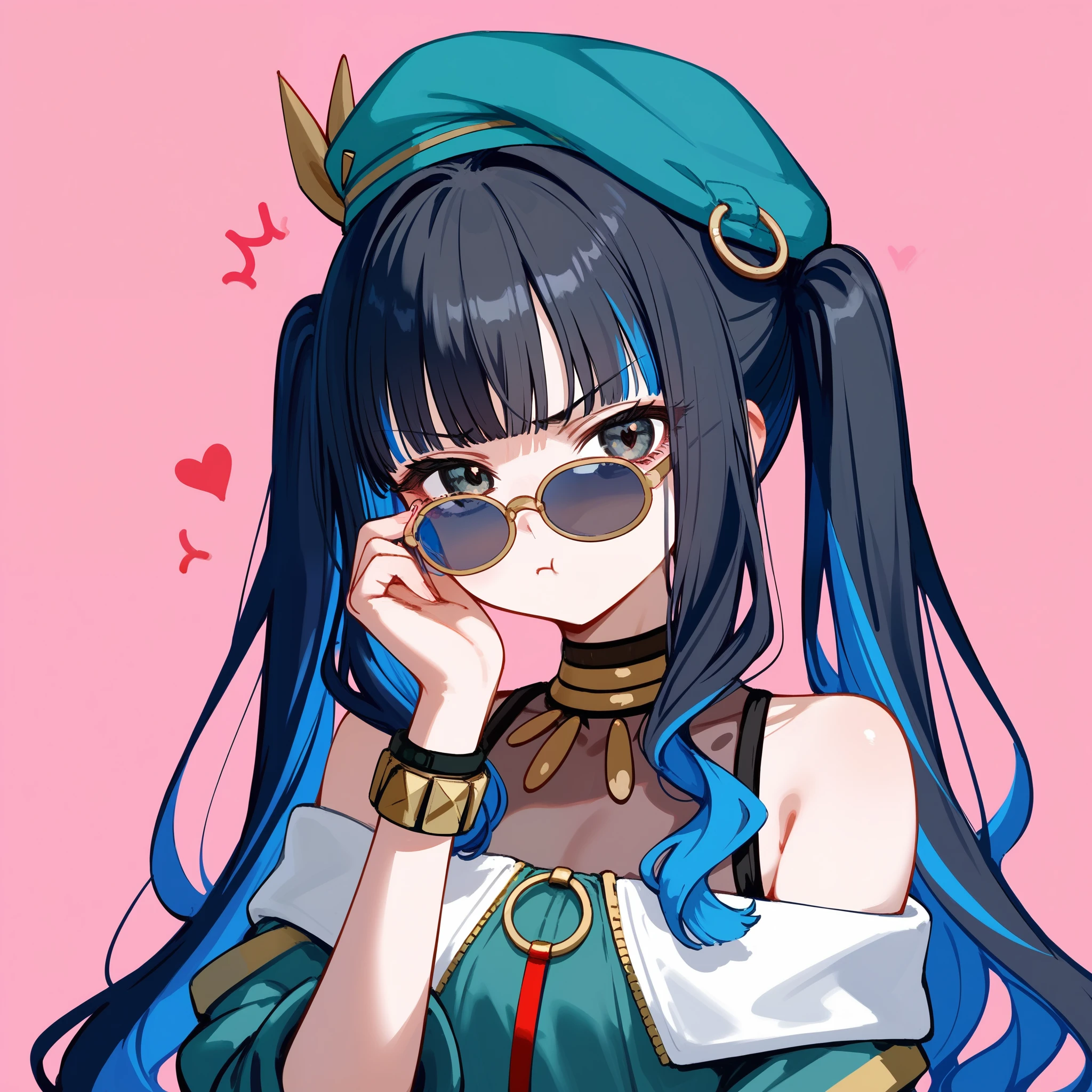 1girl, long hair, (twintails), portrait, multicolored hair, black hair, sidelocks, blue hair, wavy hair, eyeliner, jewelry, beret, o-ring, neck ring, buttons, round sunglasses, bracelet, bare shoulders, green jacket,  off shoulder, zipper, annoyed, tsundere, pink background, hearts, masterpiece, score_9, score_8_up, score_7_up