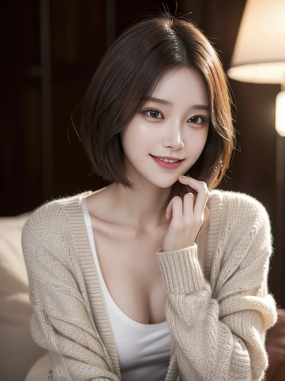 masterpiece, highest quality, High resolution,alone,Multiple hair colors,artistic,Best lighting,casual,Flat Chest,Beautiful Face,expensive,smile,light makeup,Age 25,Calm woman,Detailed Hair,Laughing woman,amount,short hair,Woman wearing a cardigan,whole body,Lean on