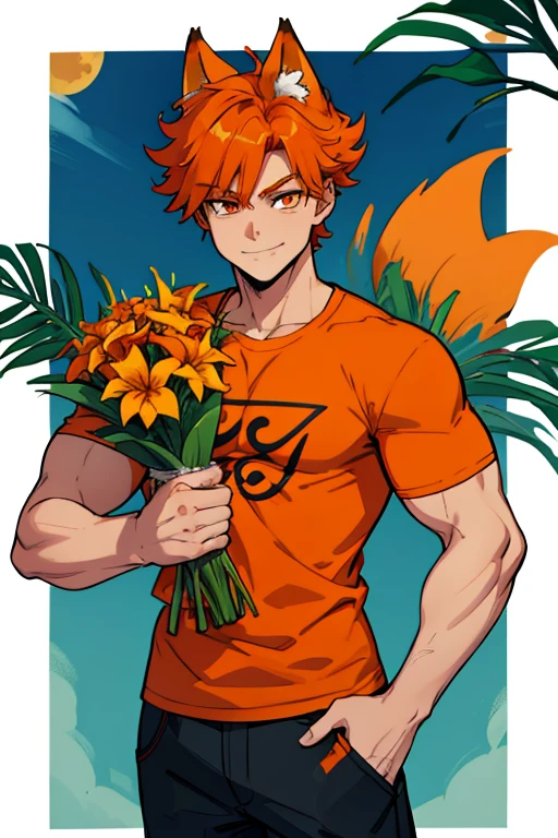 A muscular orange haired man with orange eyes and orange fox ears and an orange fox tail in a cool t-shirt and shorts is holding a bouquet of tropical flowers with a cute smile