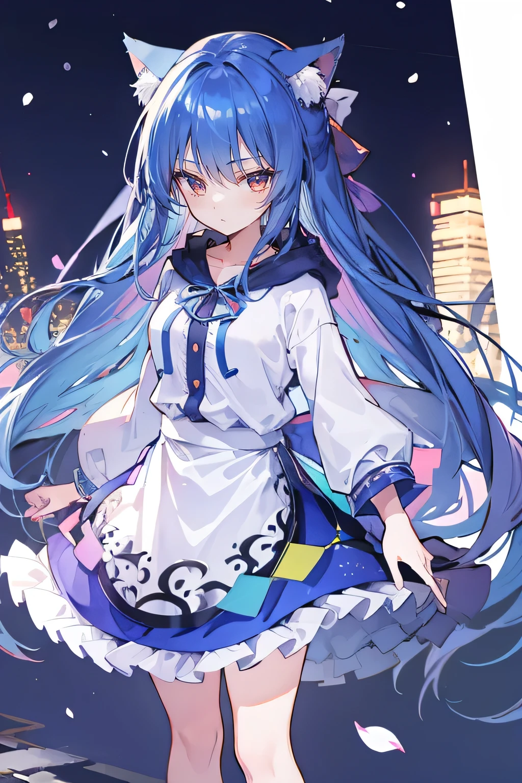 （masterpiece：1.2），Super detailed，lifelike，Expressive eyes，fair skin，perfect face shape，1 girl，
Japanese comics,Gorgeous blue hair,flowing blue hair,flowing clothes,Cat ears,Petals fall,beautiful lola,Baby Angel,
Shaking head with one hand，Cross your legs，Gentle and peaceful background，The pavilion is cool and comfortable,smile, wearing hoodie, background of tokyo,back views,snowing, winter.