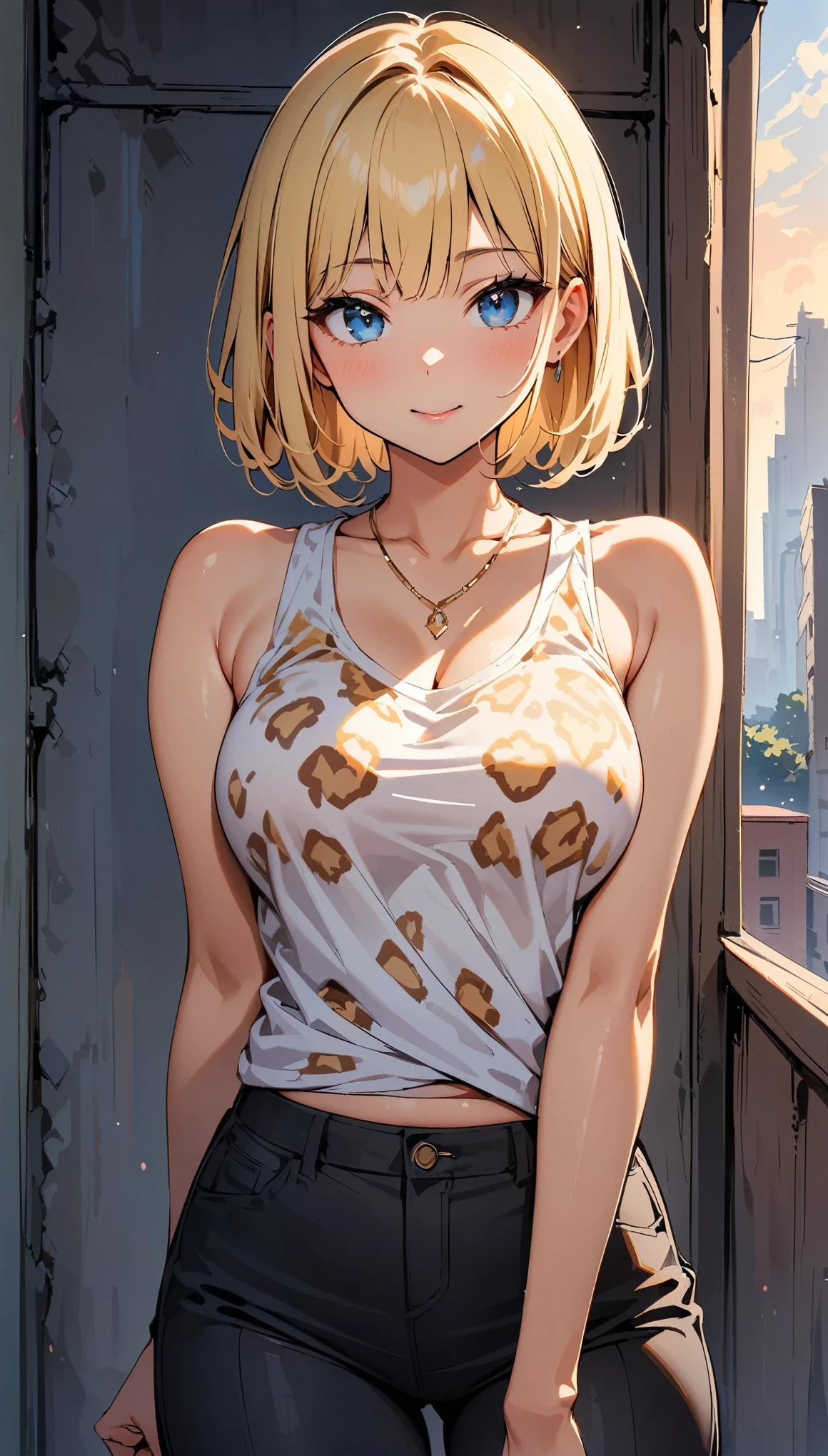 (highest quality, 4K, 8K High Resolution, masterpiece:1.2), Very detailed, one person, woman, (Blonde, Medium Hair, Bobcut, blue eyes), Standing pose, Sexy vibe, Attractive breasts, Magic Hour, ([Leopard print]Tank top, necklace, Black pants style), Emphasis on individuality and uniqueness, Fine and beautiful eyes, Beautiful lip detail, Long eyelashes, Bright colors, Photo Spot, In front of a white wall, Cowboy Shot, Soft and warm color palette.