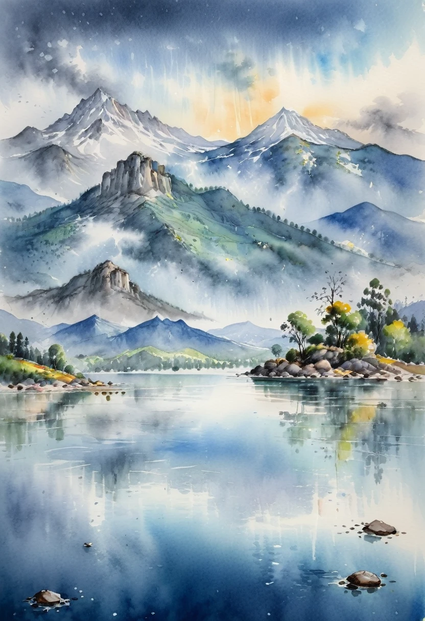 Watercolor Landscape, The water is shining brightly and the sky is clear, and the mountain scenery is also strange, with a misty rain in the sky, (masterpiece, best quality, Professional, perfect composition, very aesthetic, absurdres, ultra-detailed, intricate details:1.3)