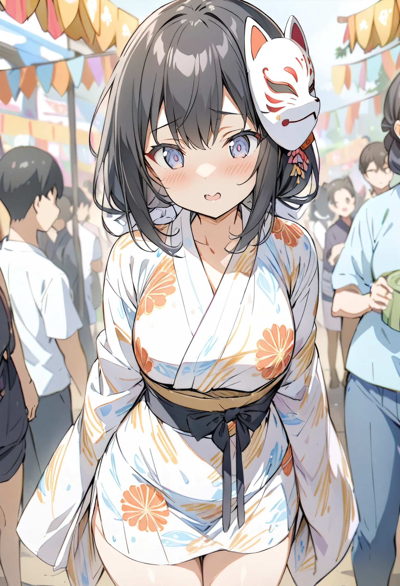 (masterpiece:1.2),(anime),Black Hair、Festivals、Fox Mask、yukata、girl、cute