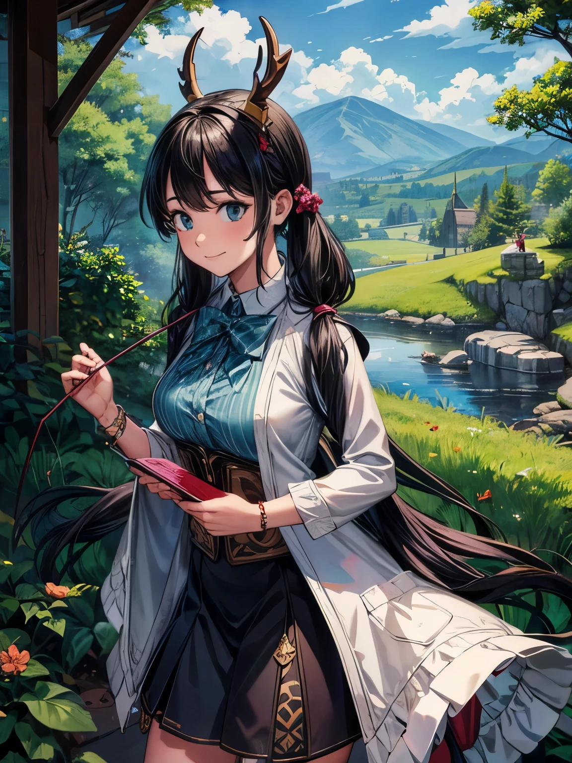 (masterpiece、highest quality、highest quality、Official Art、Beautiful and beautiful:1.2)、(One girl:1.3)Hatsune Miku、Twin tails,Big Breasts,Drawing of a cartoon character holding a bow and arrow, Anthropomorphic woman deer, Female anthropomorphic deer, anthropomorphic deer, an anthropomorphic deer, Female forest archer, lady forest hunter, In a horned helmet, anthropomorphic creature, Anthropomorphic woman, Haggis-based characters, he has horns on his head