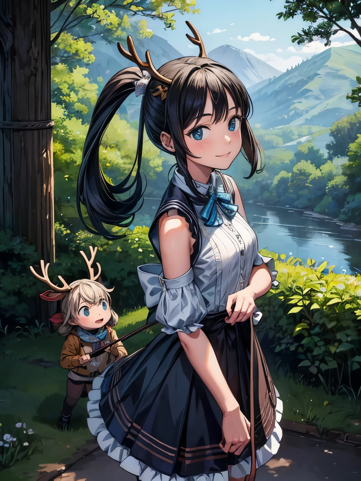 (masterpiece、highest quality、highest quality、Official Art、Beautiful and beautiful:1.2)、(One girl:1.3)Hatsune Miku、Twin tails,Big Breasts,Drawing of a cartoon character holding a bow and arrow, Anthropomorphic woman deer, Female anthropomorphic deer, anthropomorphic deer, an anthropomorphic deer, Female forest archer, lady forest hunter, In a horned helmet, anthropomorphic creature, Anthropomorphic woman, Haggis-based characters, he has horns on his head
