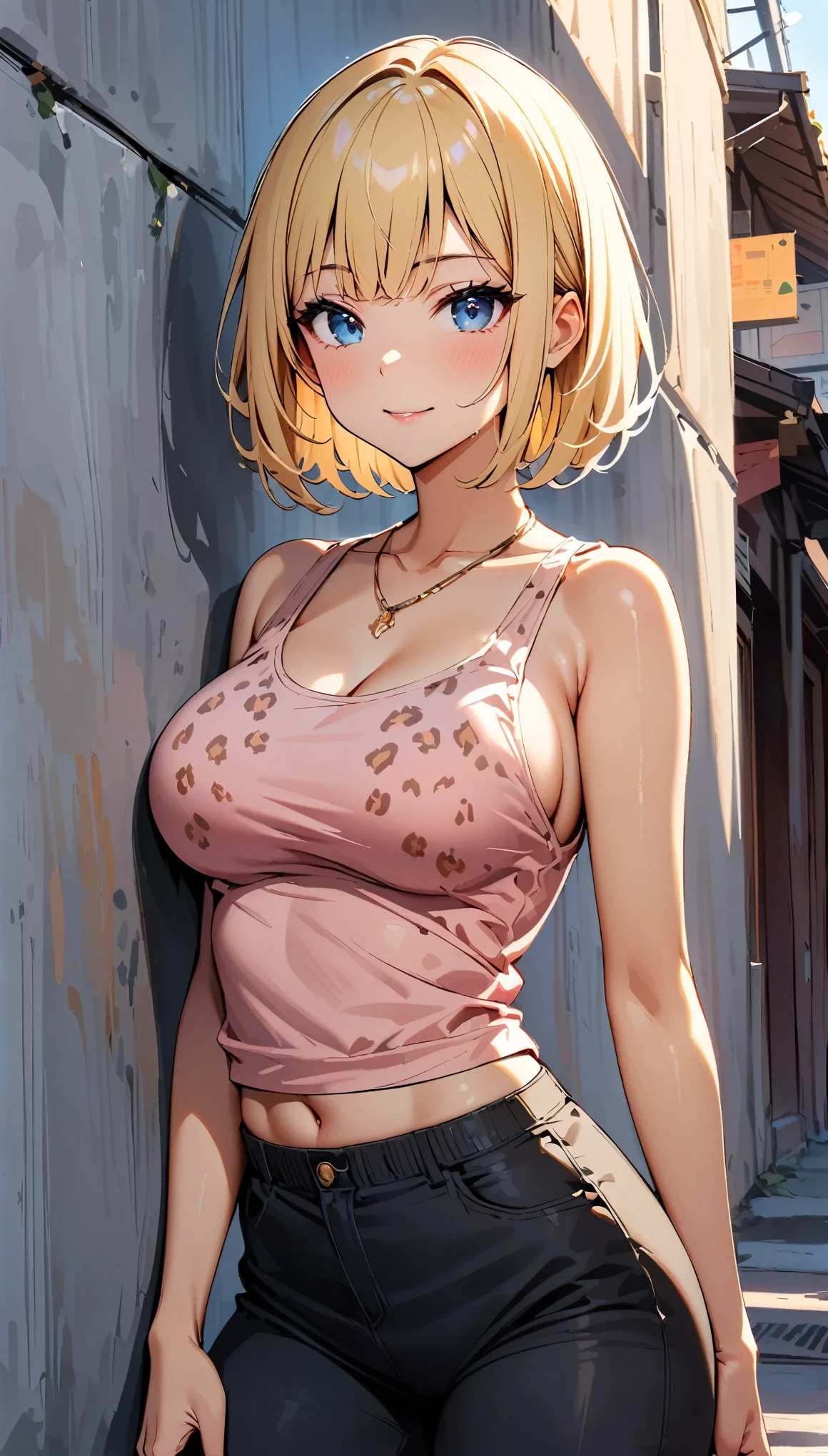 (highest quality, 4K, 8K High Resolution, masterpiece:1.2), Very detailed, one person, woman, (Blonde, Medium Hair, Bobcut, blue eyes), Standing pose, Sexy vibe, Attractive breasts, Magic Hour, ([Leopard print]Tank top, necklace, Black pants style), Emphasis on individuality and uniqueness, Fine and beautiful eyes, Beautiful lip detail, Long eyelashes, Bright colors, Photo Spot, In front of a white wall, Cowboy Shot, Soft and warm color palette.