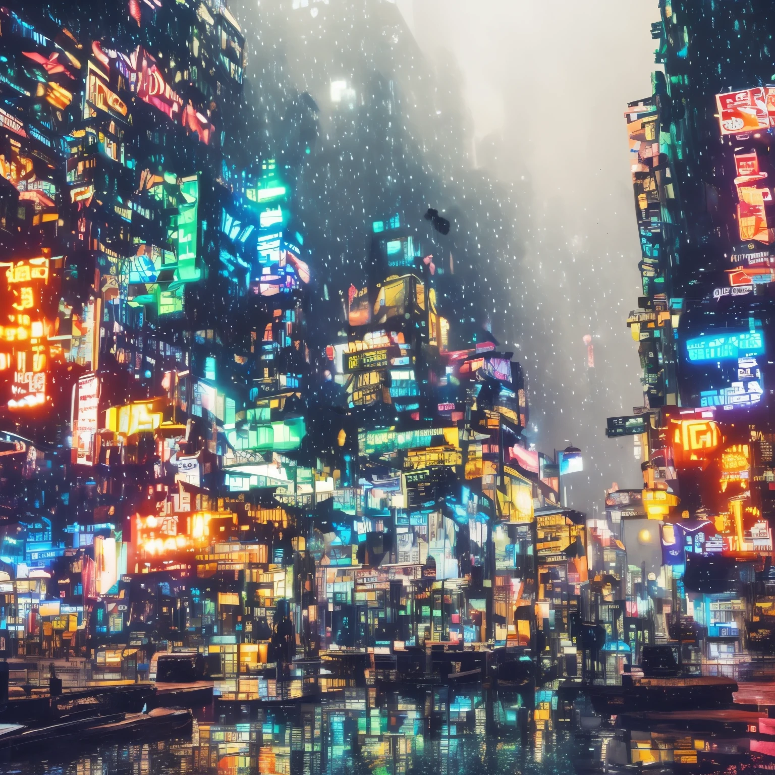 a cyberpunk city in watercolor, low angle, detailed neon lights, futuristic architecture, rain-soaked streets, atmospheric lighting, glowing windows, hovering flying cars, moody colors, cinematic composition, dramatic shadows, intricate details, gritty and realistic, best quality, 8k, ultra-detailed, photorealistic