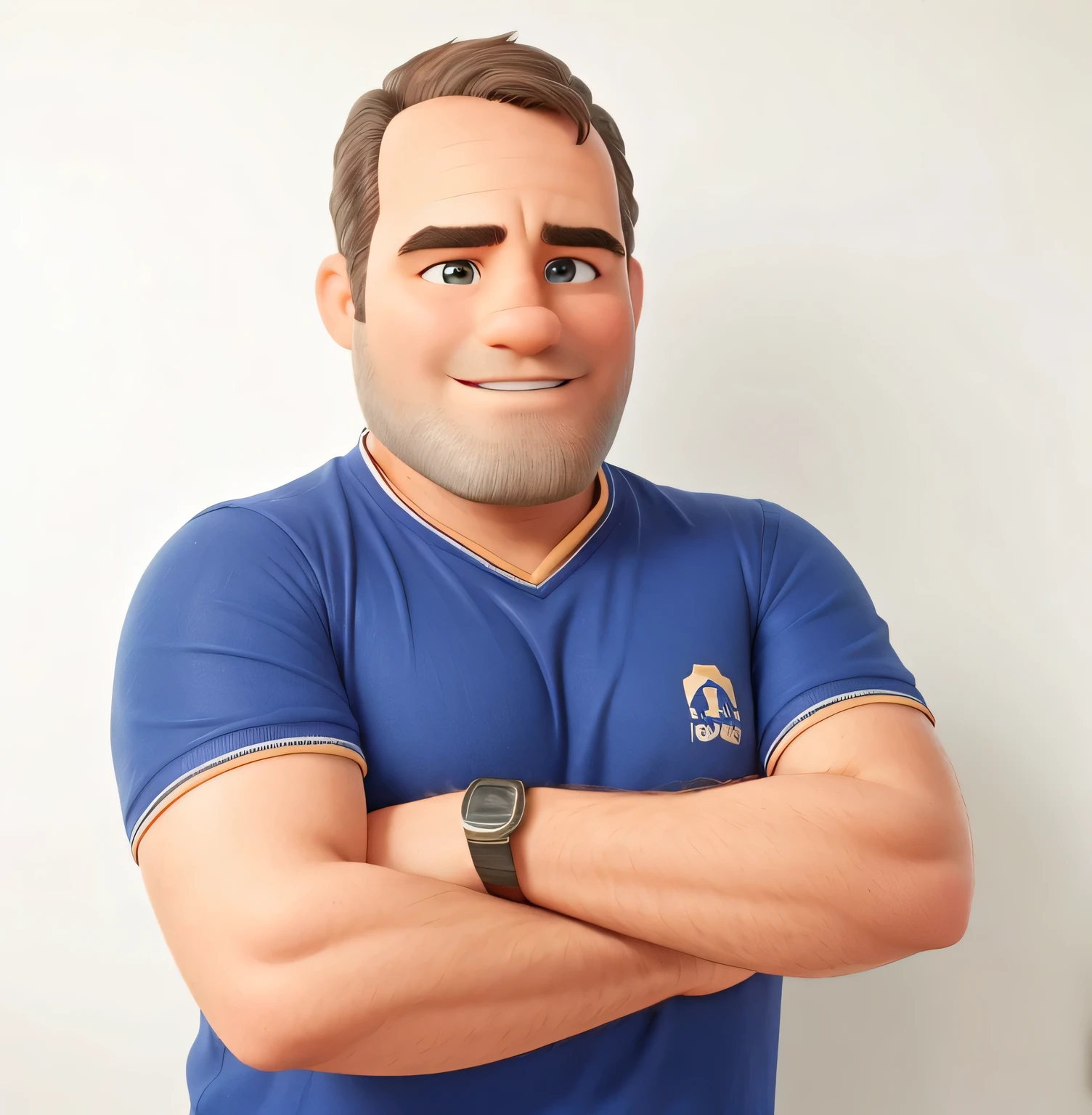 homem branco, levemente acima do peso, barba por fazer, Ajuste os olhos. Cabelo castanho com leves entradas. Camisa azul.