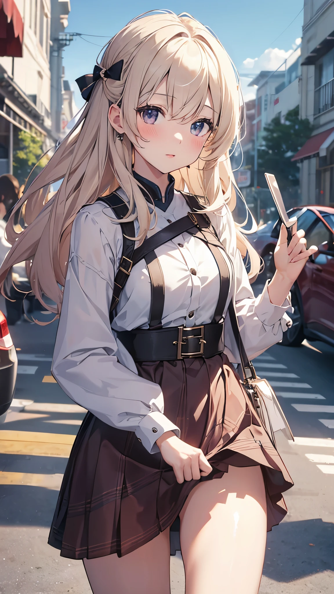 Very detailedな CG Unity 8k 壁紙, highest quality, Very detailed, masterpiece, Realistic, photo Realistic, Very detailedなかわいい女の子, 18-year-old, (((スカートをLift it yourself))), (Lift it yourself), panties , panties focus, blush, Lips parted, Looking at the audience , Half Body Shot , (crowd), (crowded parking lot) , Hair above one eye
