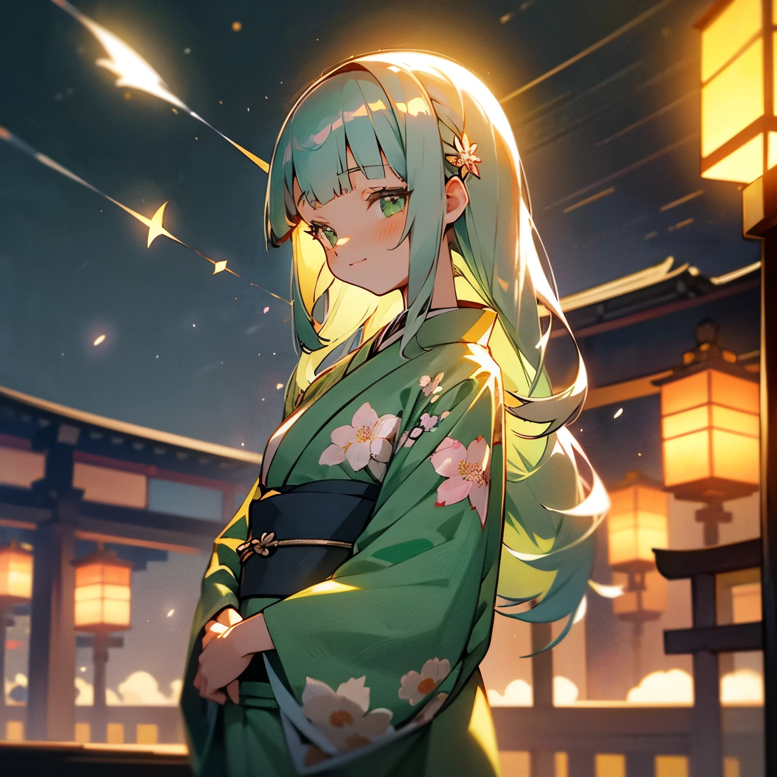 ♥(Japanese beautiful flower printed kimono,yukata),((1girl,cute,young,semi long beautiful silver green hair,blunt bangs,twin tales,beautiful green eyes)),(solo),((masterpiece, highest resolution,best quality)), (beautiful illustration),(Japanese beautiful flower printed kimono,yukata),
 (looking at the viewer), innocent smile,cinematic lighting,Japanese Festival,stall,fireworks,night sky,full moon,shooting star,
