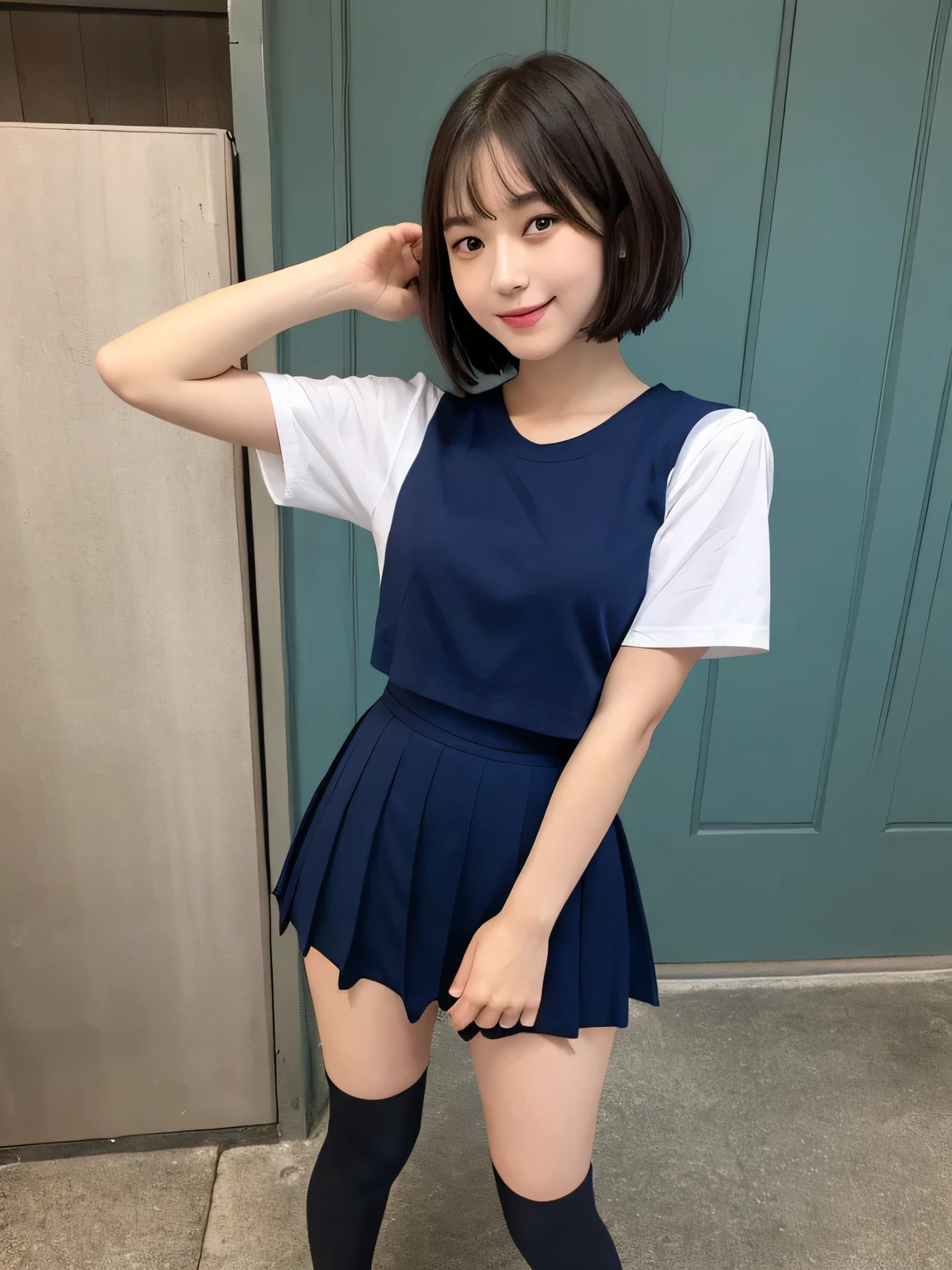 In detail,Full body photo、 One high school girl、High resolution, high quality、Slim body、Perfect dynamic composition, Beautiful fine details, Natural Shorthair、Natural color lip,Kamimei、14-year-old girl、Clear Skin、Navy blue sailor suit with short sleeves、Red mini skirt、Thighs、Shiny Hair、最high quality, figure, Very detailed, In detail, High resolution, 8k、The correct state of the human body、Sculpture model pose,Dark blue walls,Thighs are visible、smile、
