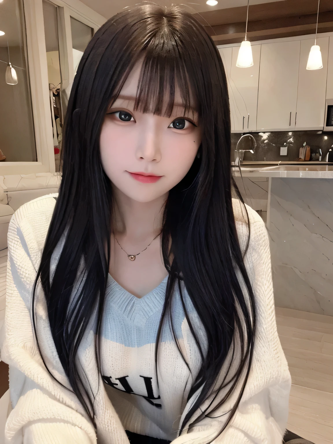 brightexpression、Photorealism、highest quality、超A high resolution、picture、Photos of the most beautiful Scandinavian girls、A cute and beautiful face down to the last detail、Small Face、(Purelos Face_v1:0.008)、Beautiful Bangs、Alice in Wonderland、14 years、Glowing White Skin、Hair tangled in the face、Bangs on the face、Bans、Hair between the eyes、Black silky Hayner hair、bright, Clear light blue eyes look attractive、Large school sweater、Natural Makeup、double eyelid、Dynamic pose