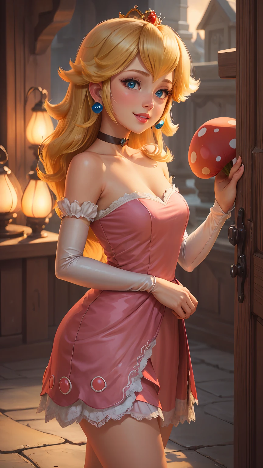 highres, masterpiece, perfect ligthing, bloom, cinematic lighting, adult, perfect skin, female, from side, cowboy shot, smile, narrow waist, skinny,  (PrincessPeach), (Princess Peach), (Pink Dress), detailled eyes, blue eyes, choker, sensual, mushrooms,mushroom kingdom, pink lips, ((glossy lips)), pursed lips, pink pumps, glossy skin, oily skin, beautiful light, (day:1.3), bright,